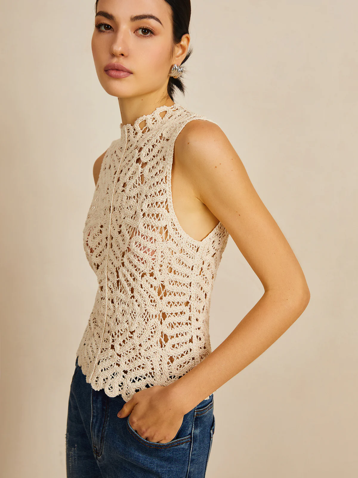 Floral Crochet Hollow Out Sweater Vest - Image 3