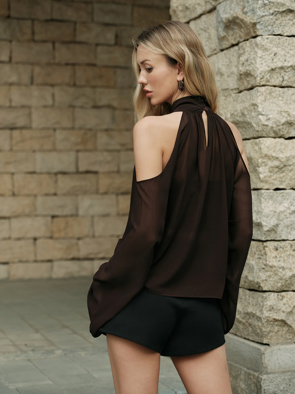 Floral Detail Sheer Cold-Shoulder Top - Image 7