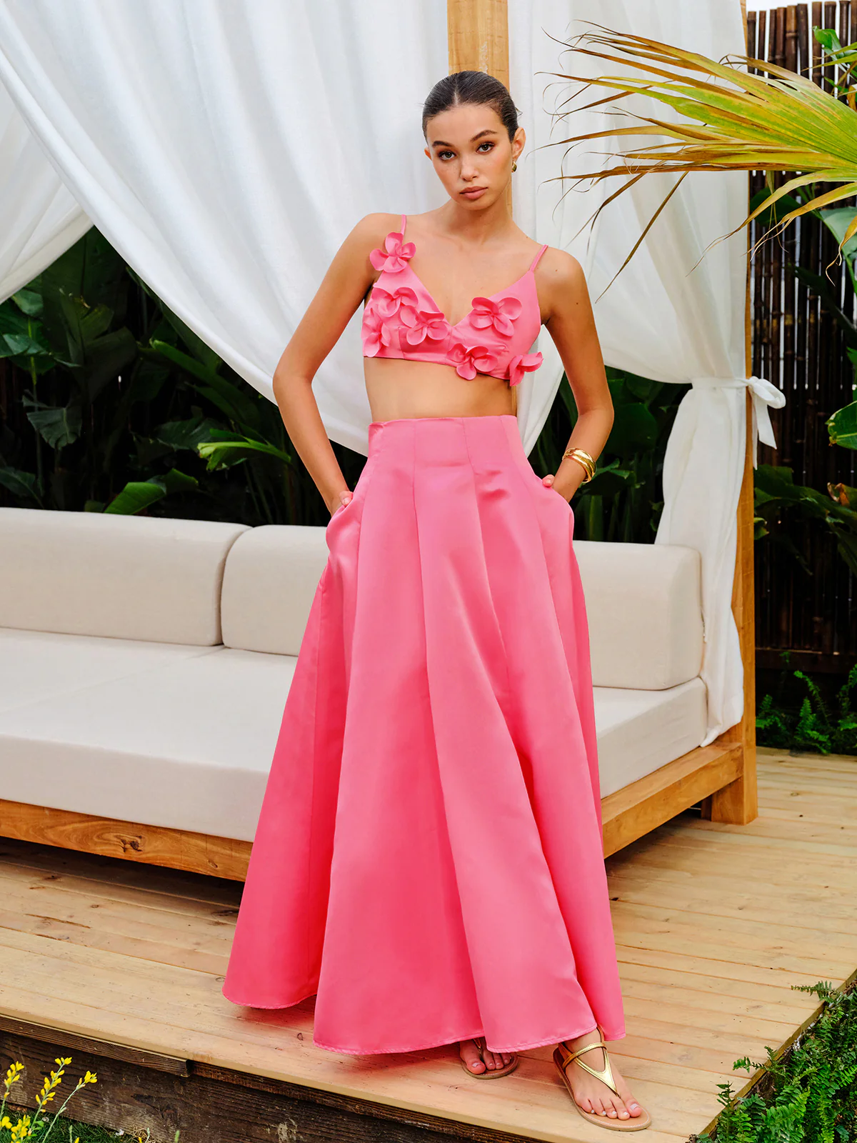 Floral Embellished Crop Top With A-Line Skirt Set - Image 4