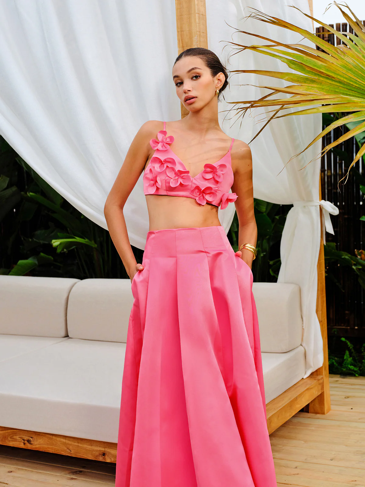 Floral Embellished Crop Top With A-Line Skirt Set - Image 5