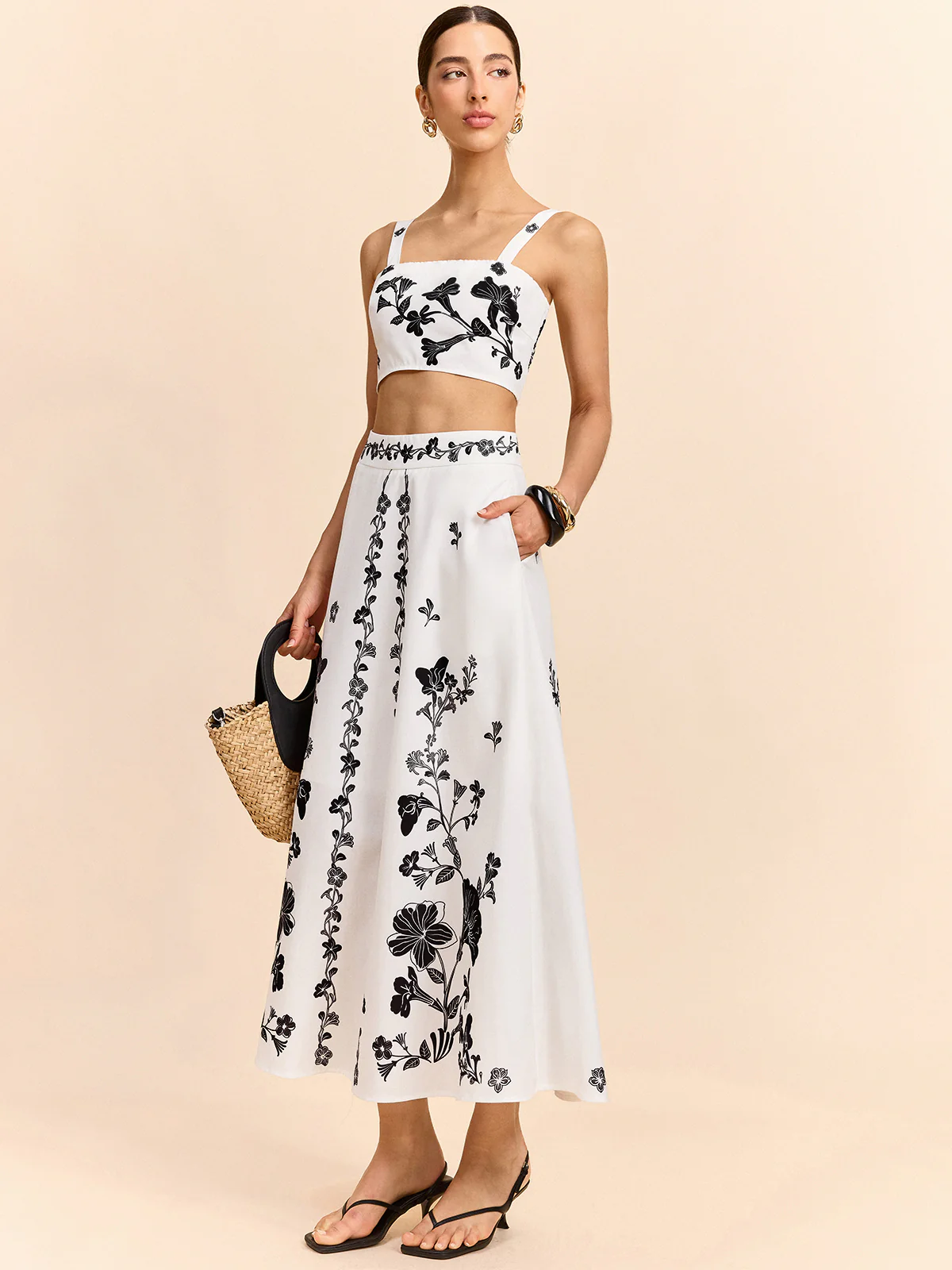 Floral Embroidered Crop Top and Midi Skirt Set - Image 2
