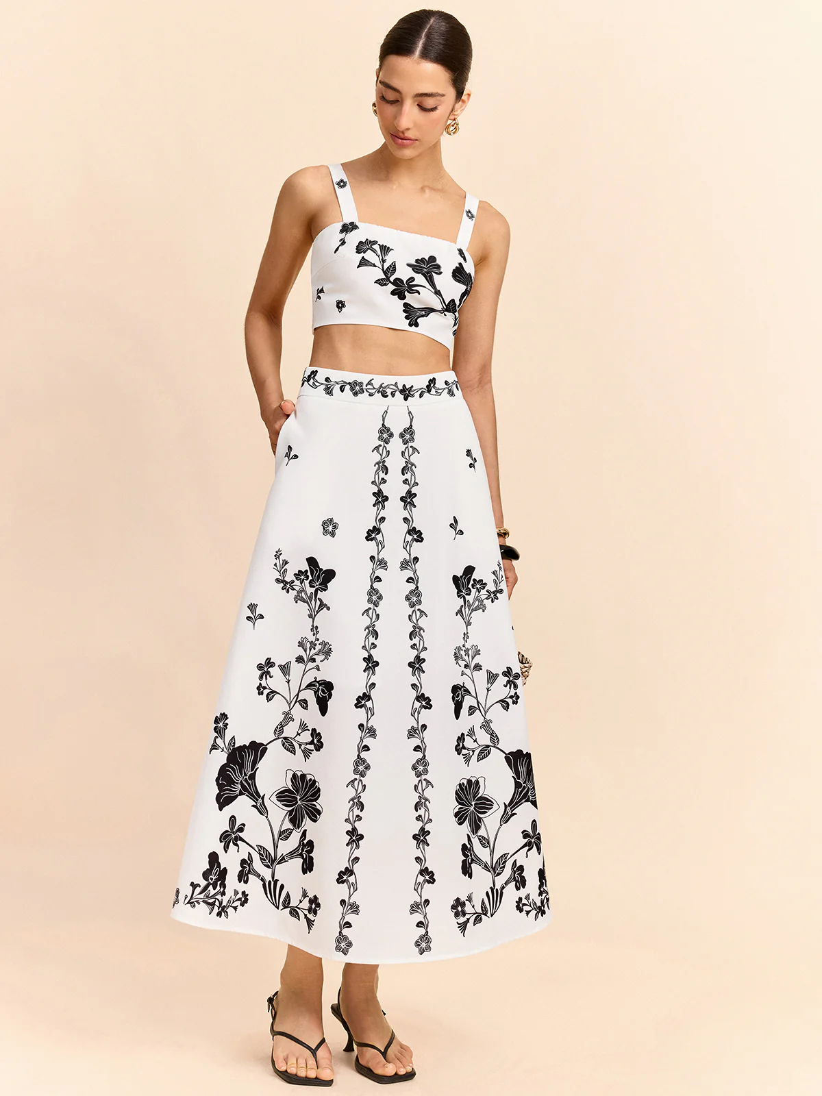 Floral Embroidered Crop Top and Midi Skirt Set - Image 3