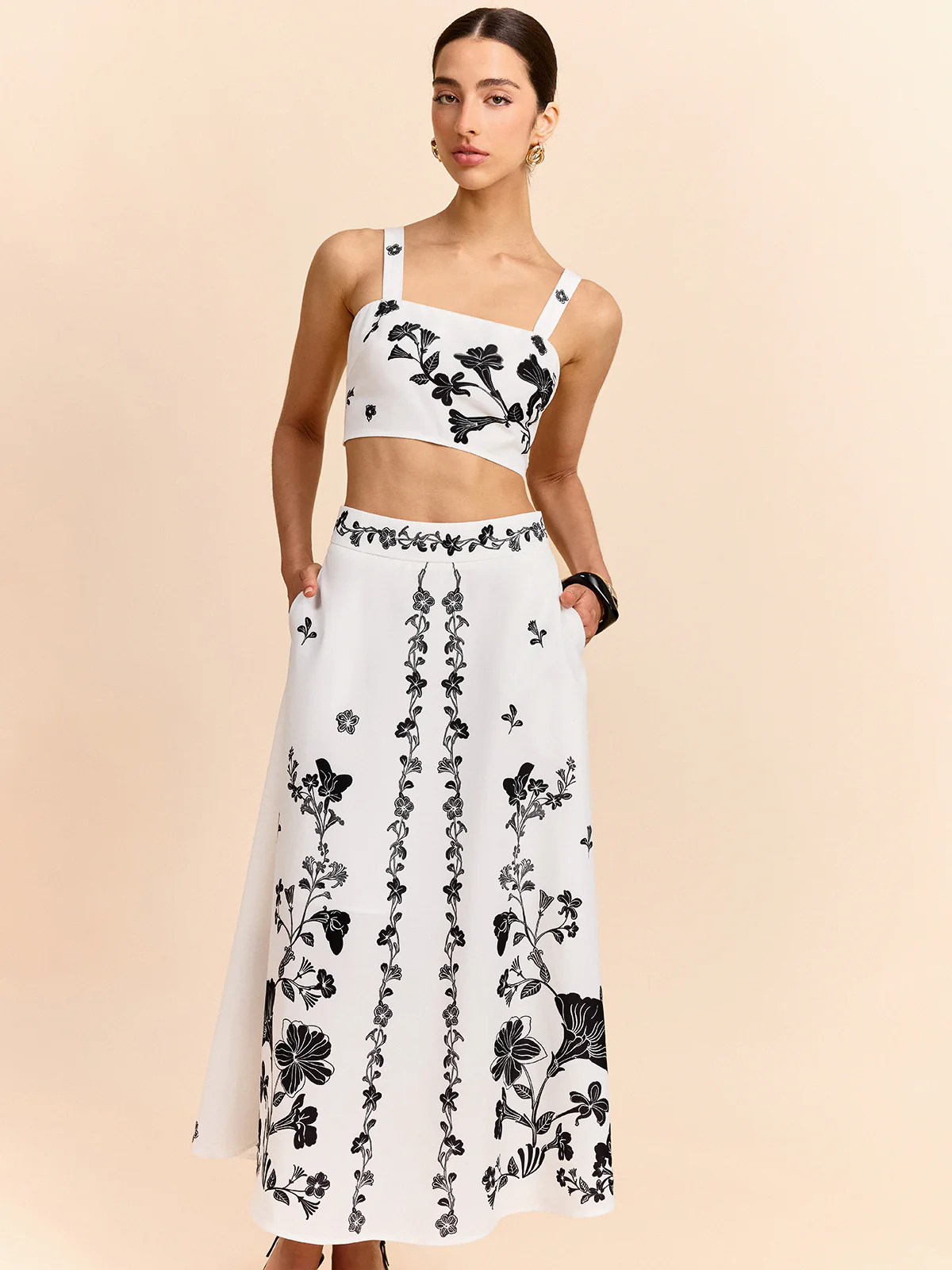 Floral Embroidered Crop Top and Midi Skirt Set - Image 4