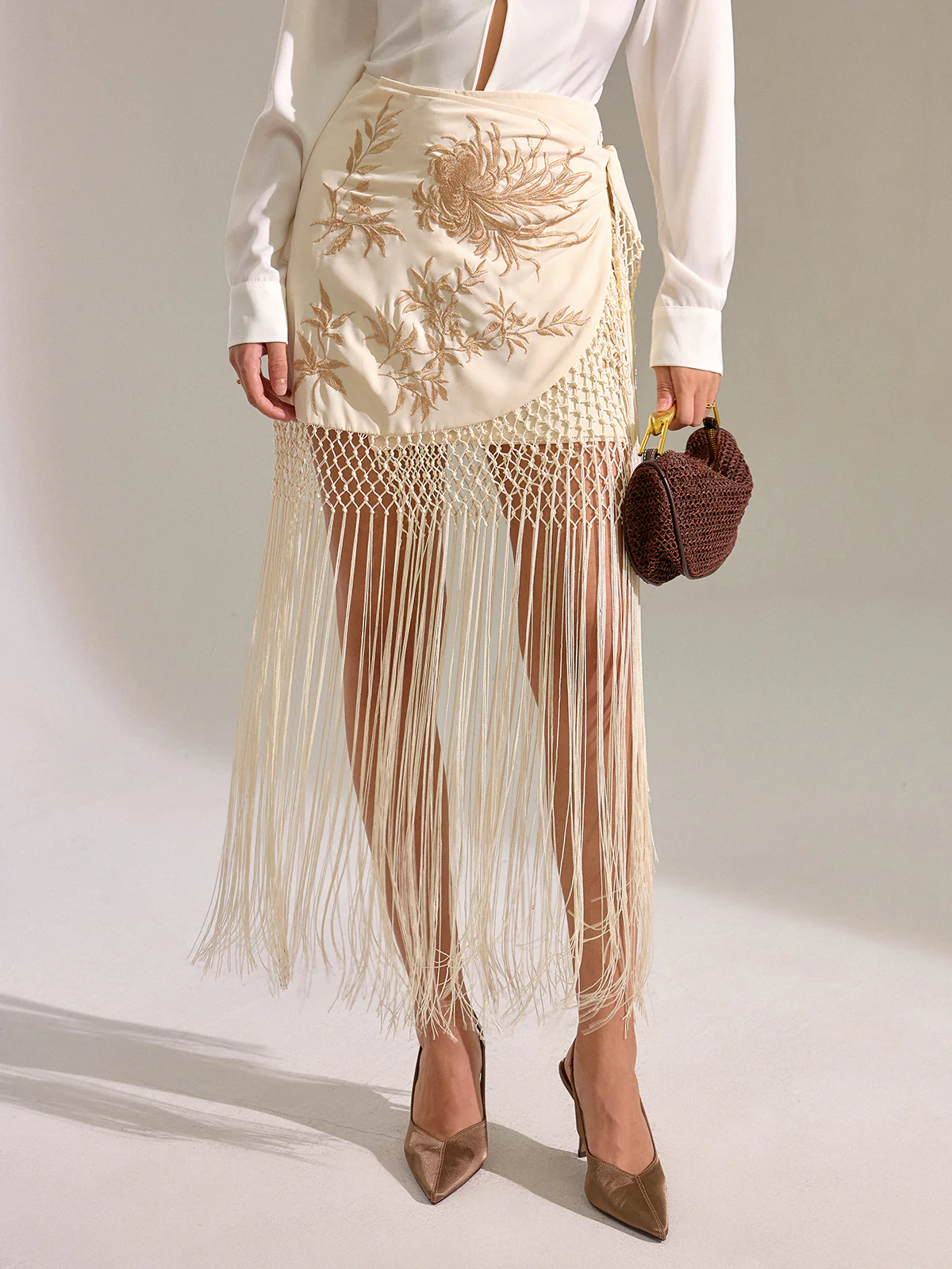 Floral Embroidered Fringe Mini Skirt - Image 6