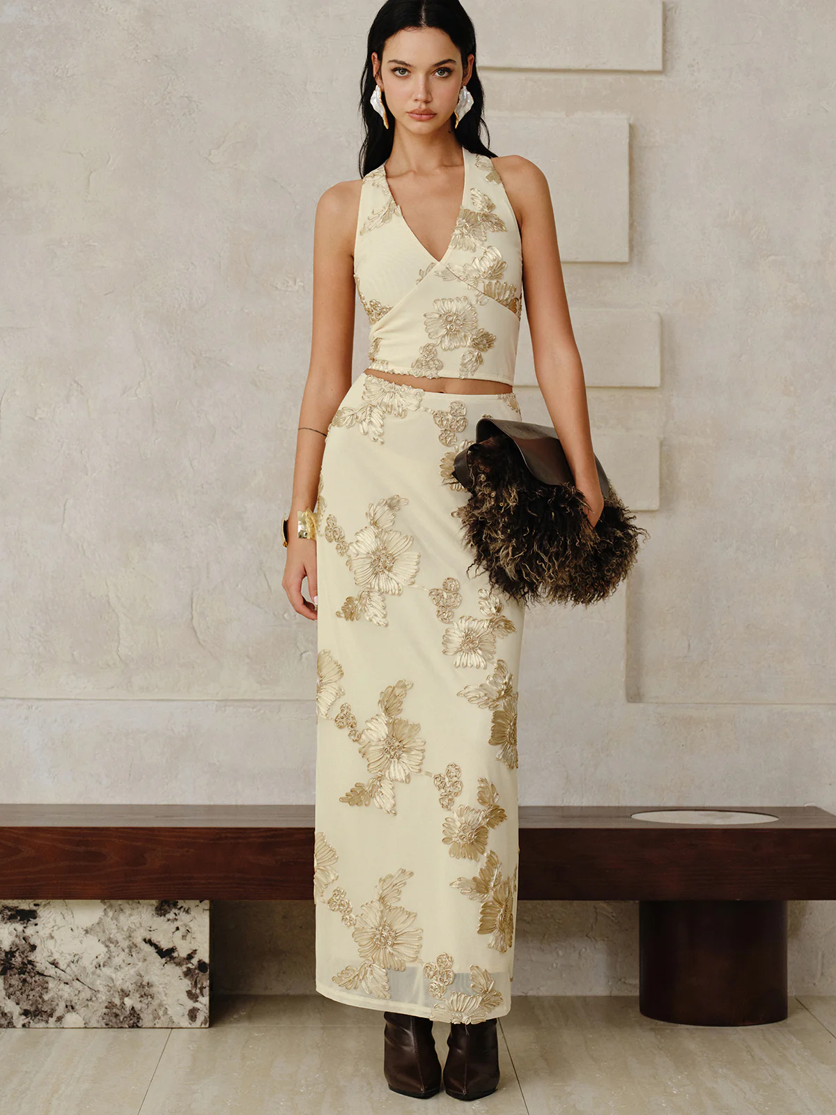 Floral Embroidered Halter Top and Skirt Set