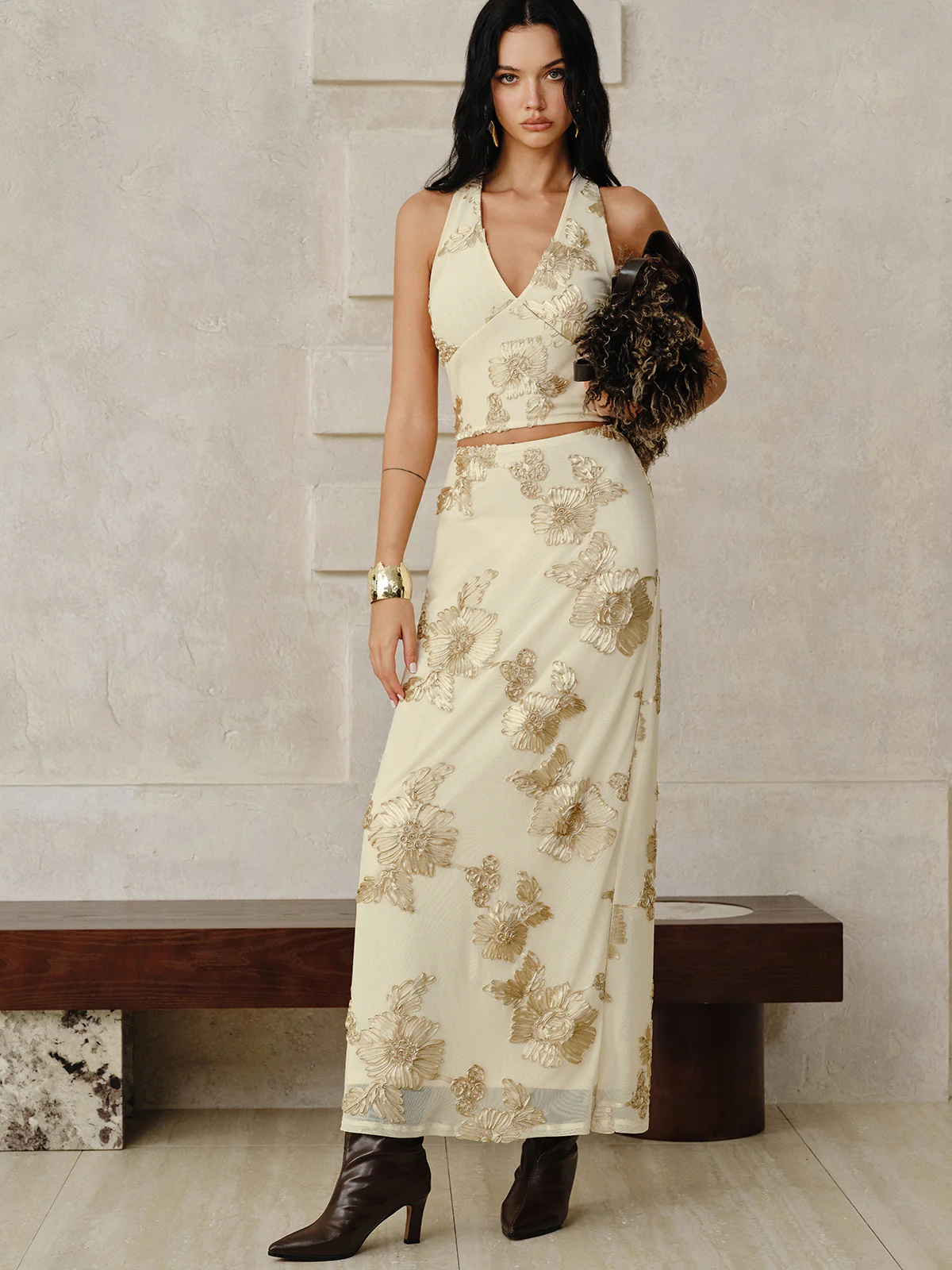 Floral Embroidered Halter Top and Skirt Set - Image 6