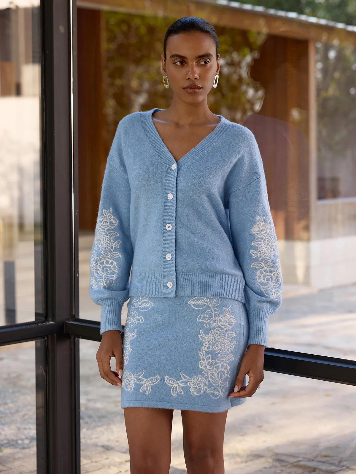 Floral-Embroidered Knit Cardigan & Mini Skirt Set - Image 3