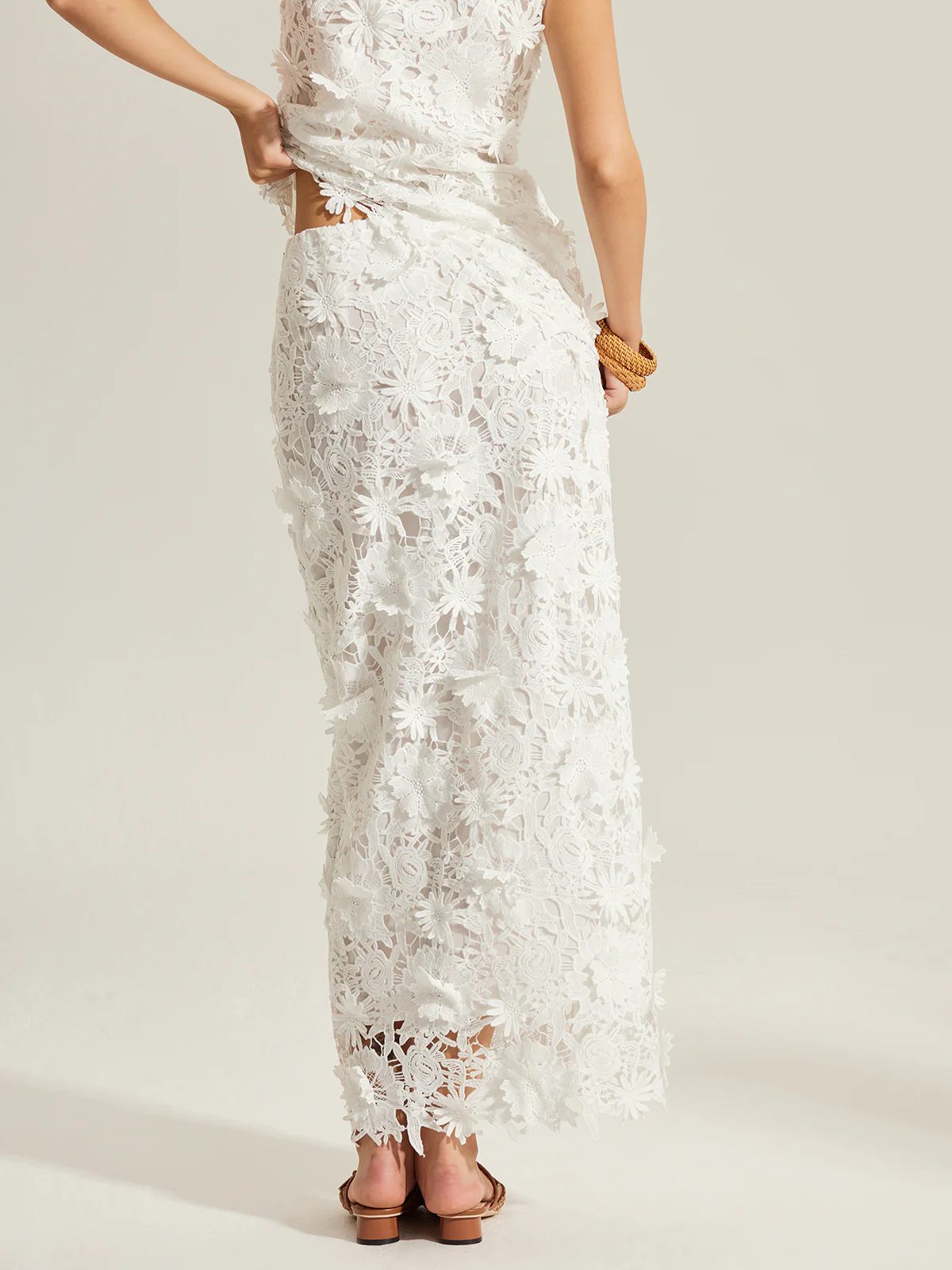 Floral Embroidered Semi-Sheer Lace Skirt - Image 8