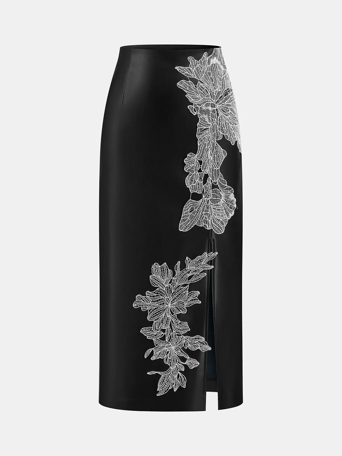 Floral Embroidered Slit PU Midi Skirt