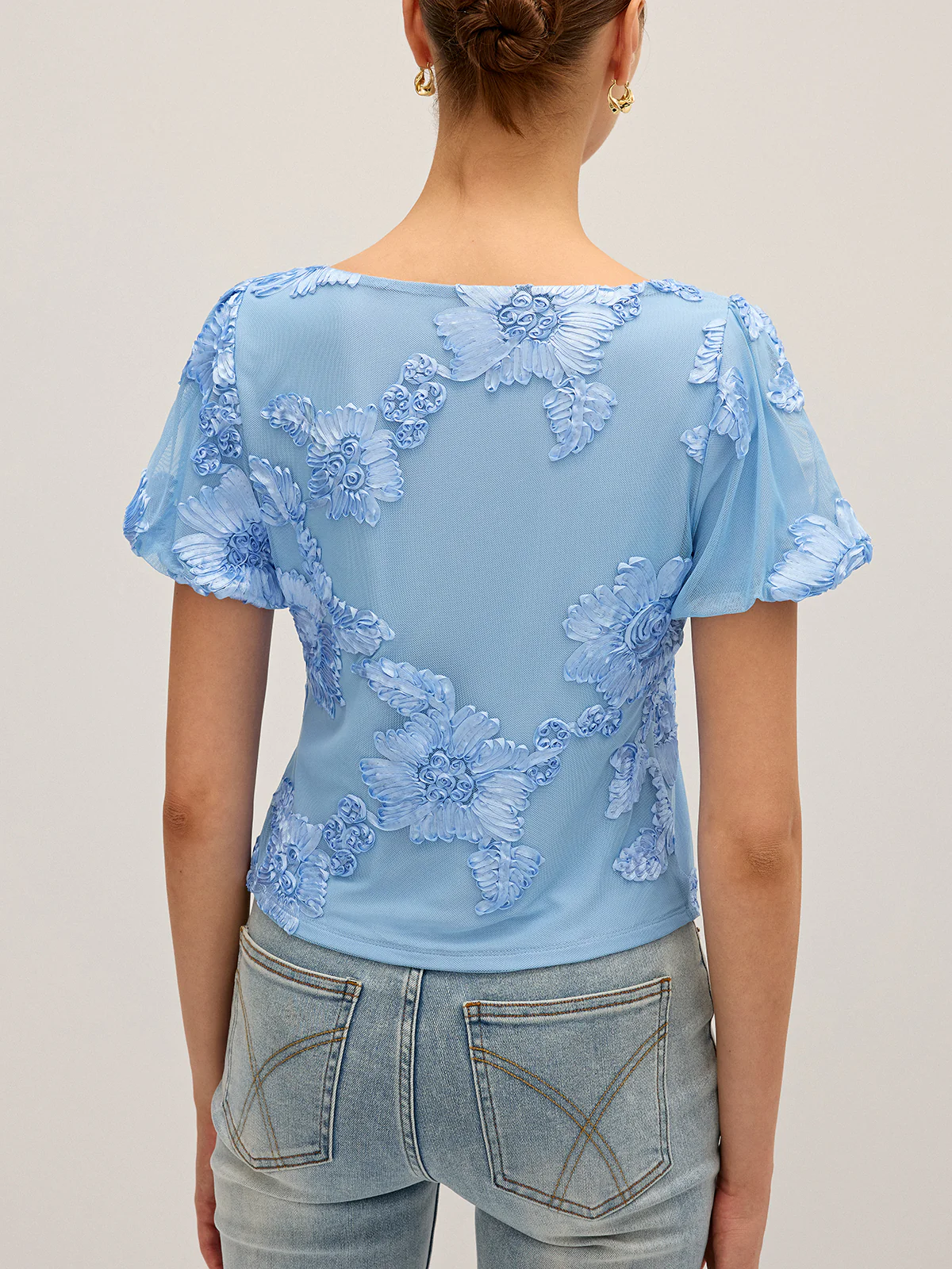 Floral Embroidered Square Neck Mesh Top - Image 3