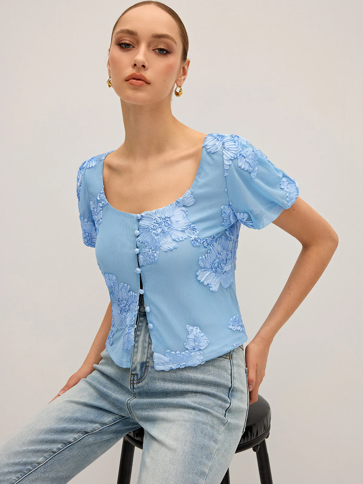 Floral Embroidered Square Neck Mesh Top - Image 5