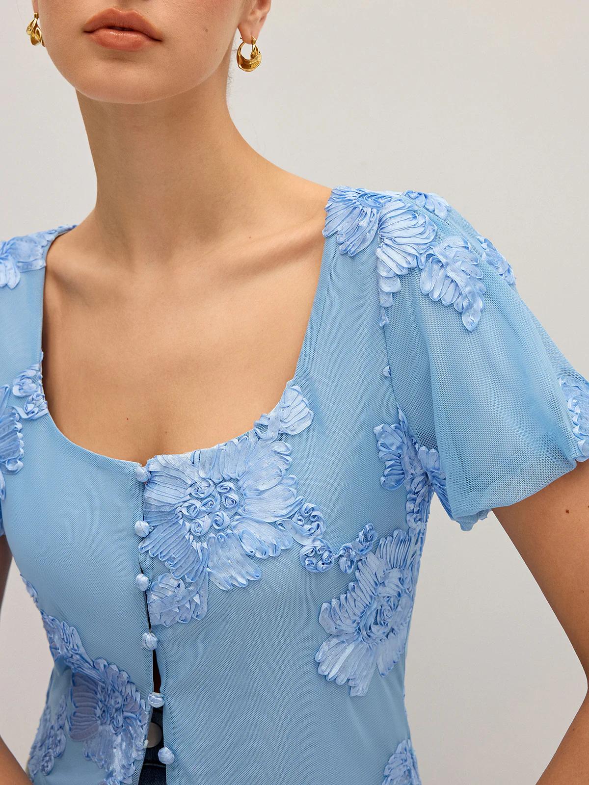 Floral Embroidered Square Neck Mesh Top - Image 6
