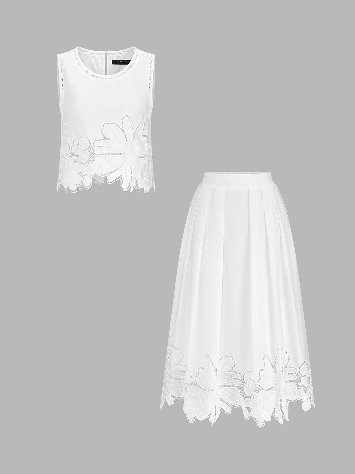 Floral Embroidered Top & Pleated Midi Skirt Set