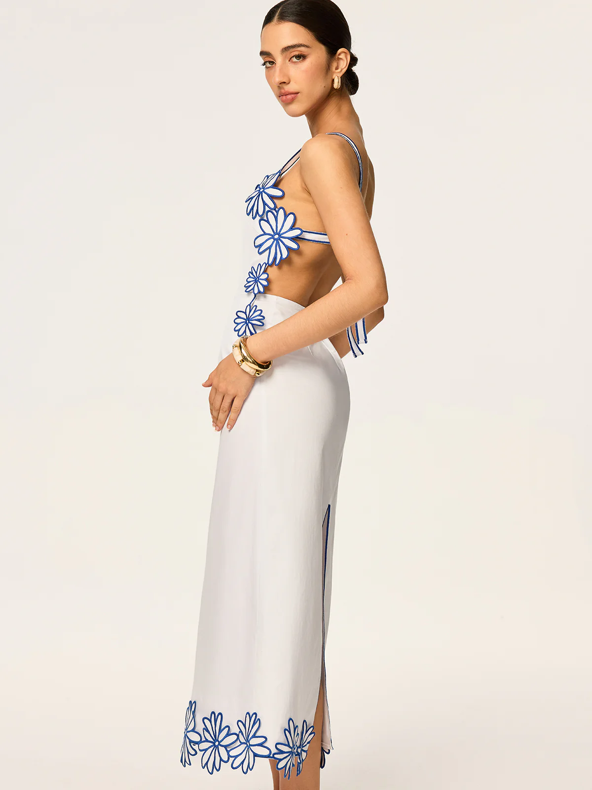 Semi-Sheer Floral Embroidery Back Bow Maxi Dress - Image 2