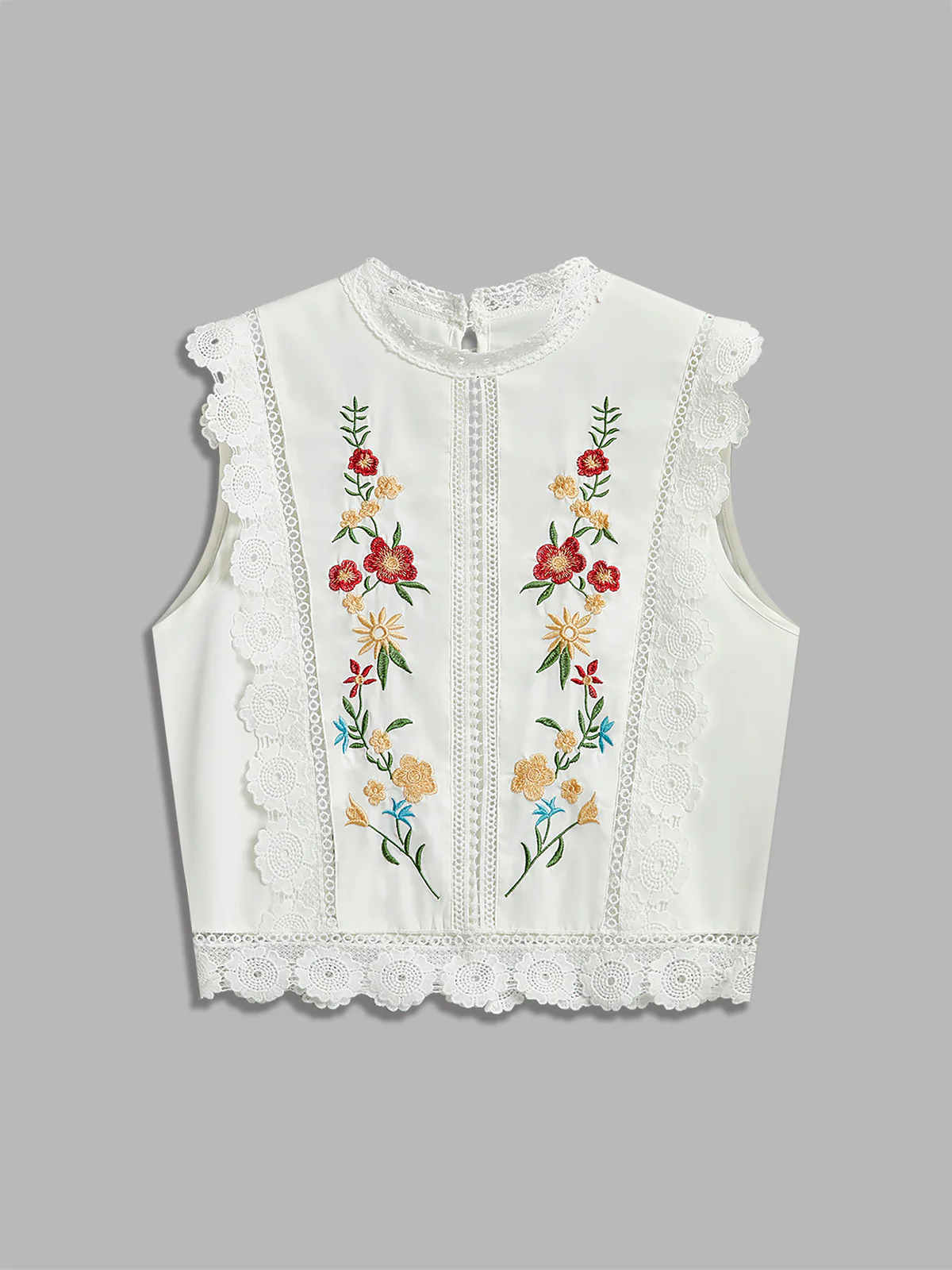 Floral Embroidery Lace Trim Sleeveless Blouse