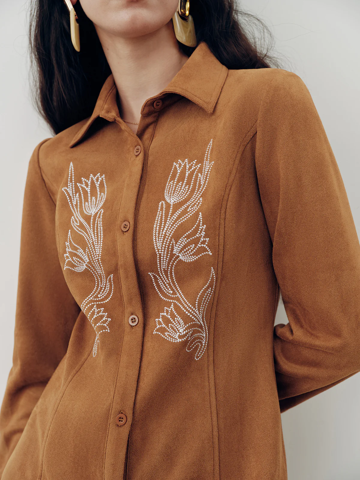Suede Effect Floral Embroidery Shirt Dress - Image 3