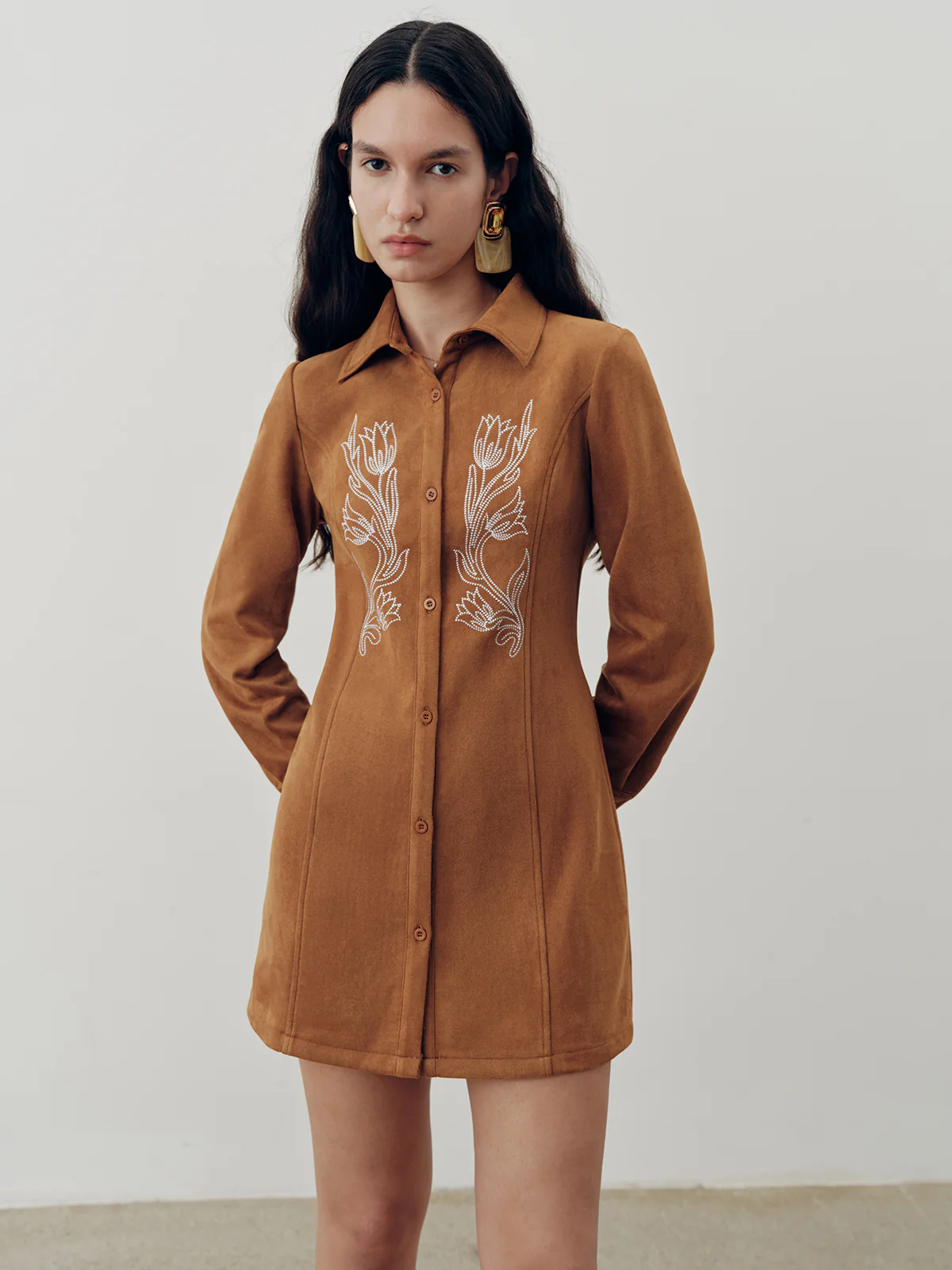 Suede Effect Floral Embroidery Shirt Dress - Image 4