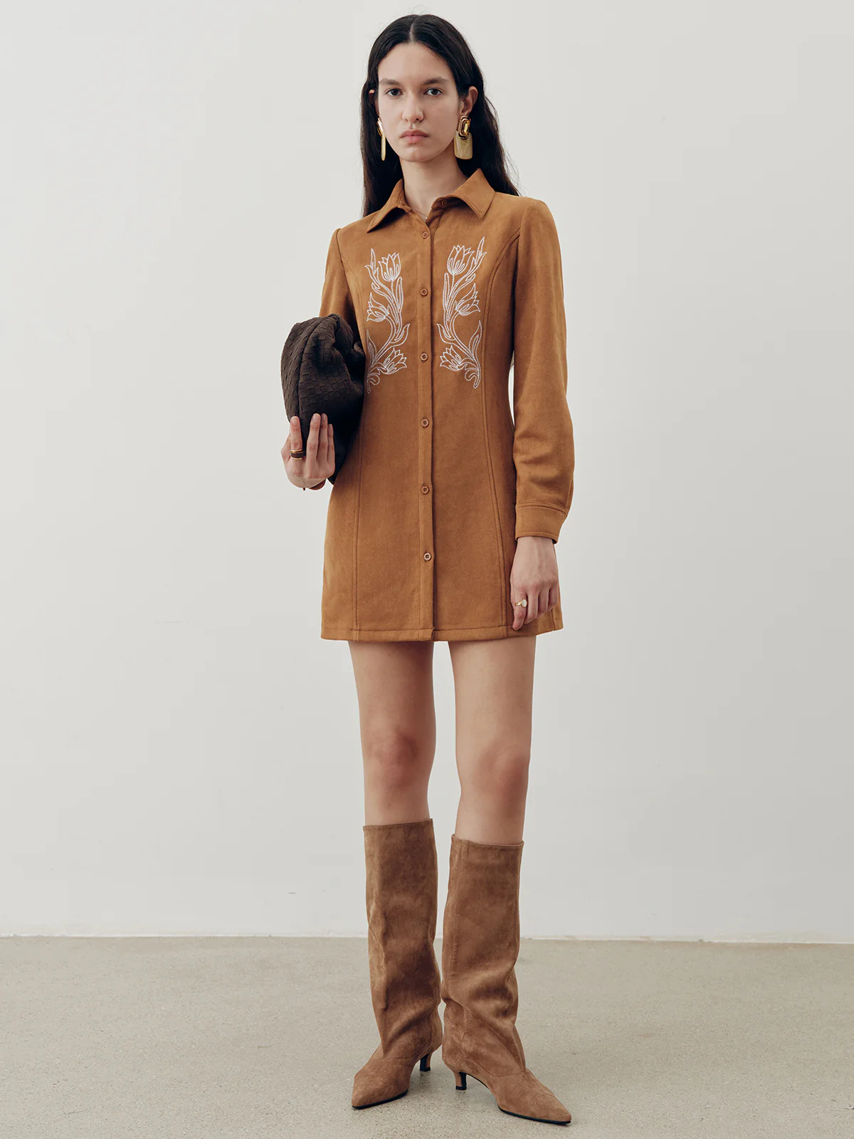 Suede Effect Floral Embroidery Shirt Dress - Image 5
