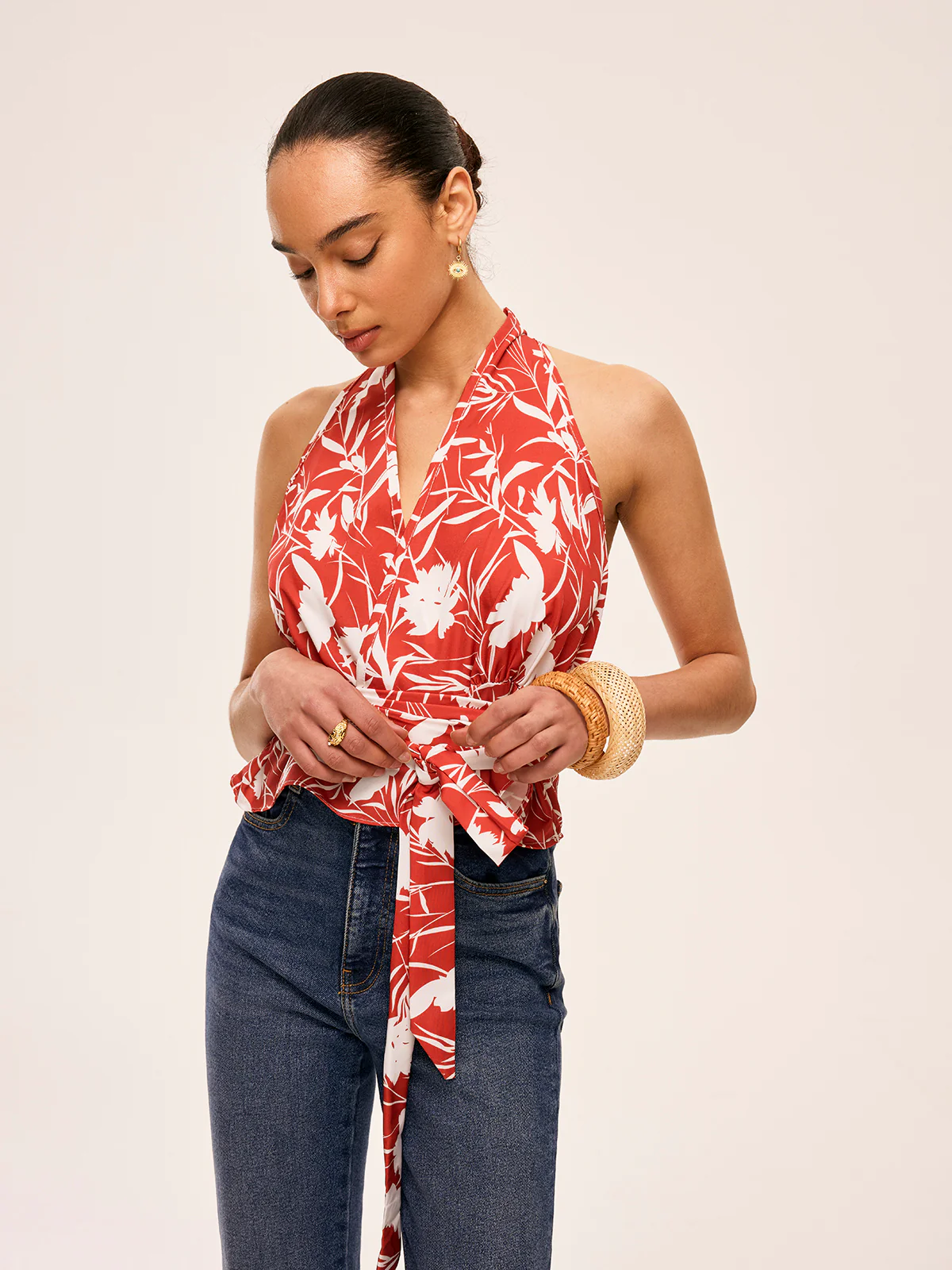 Floral Halter Neck Tie Waist Top - Image 4