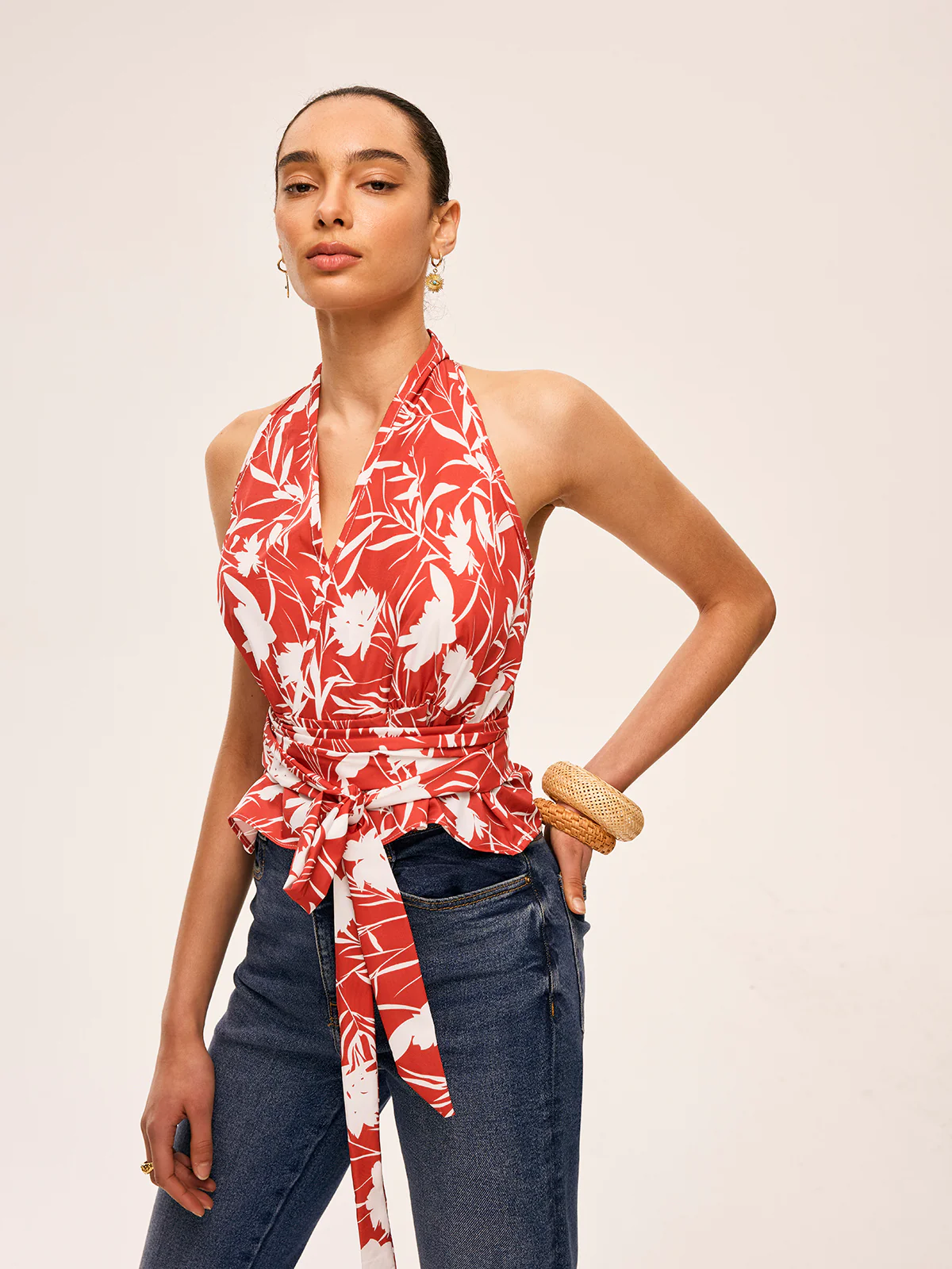 Floral Halter Neck Tie Waist Top - Image 6