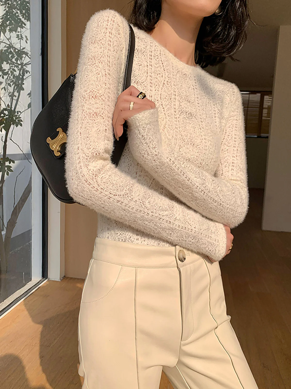 Floral Hollow Knit Crew Neck Long Sleeve Top - Image 2