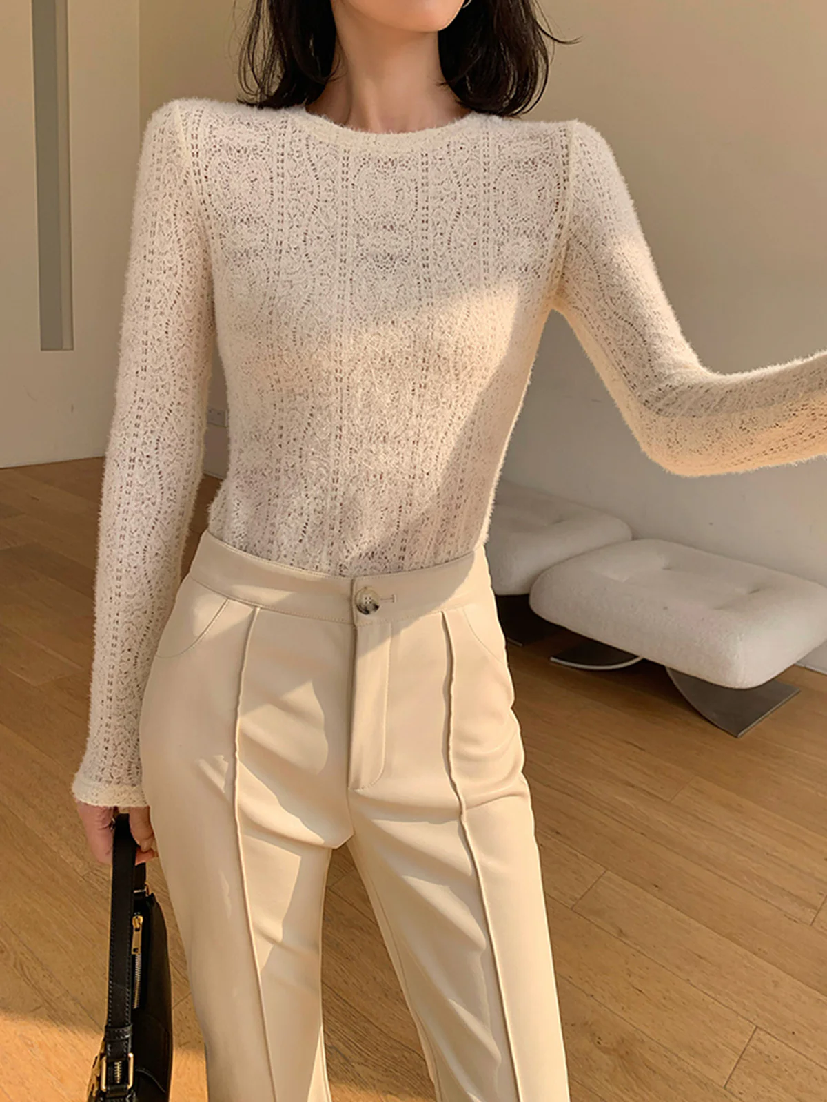 Floral Hollow Knit Crew Neck Long Sleeve Top - Image 3