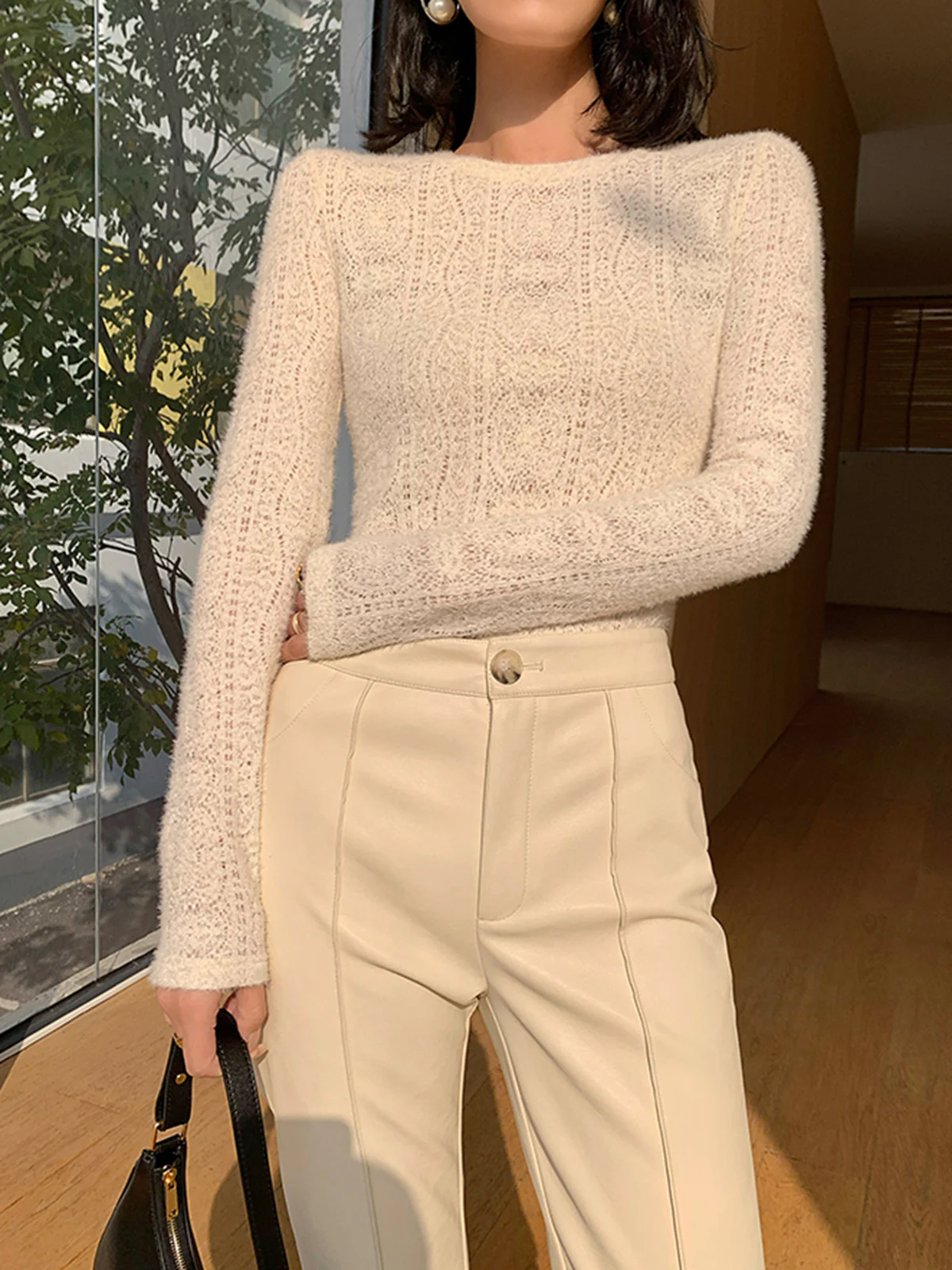 Floral Hollow Knit Crew Neck Long Sleeve Top - Image 4
