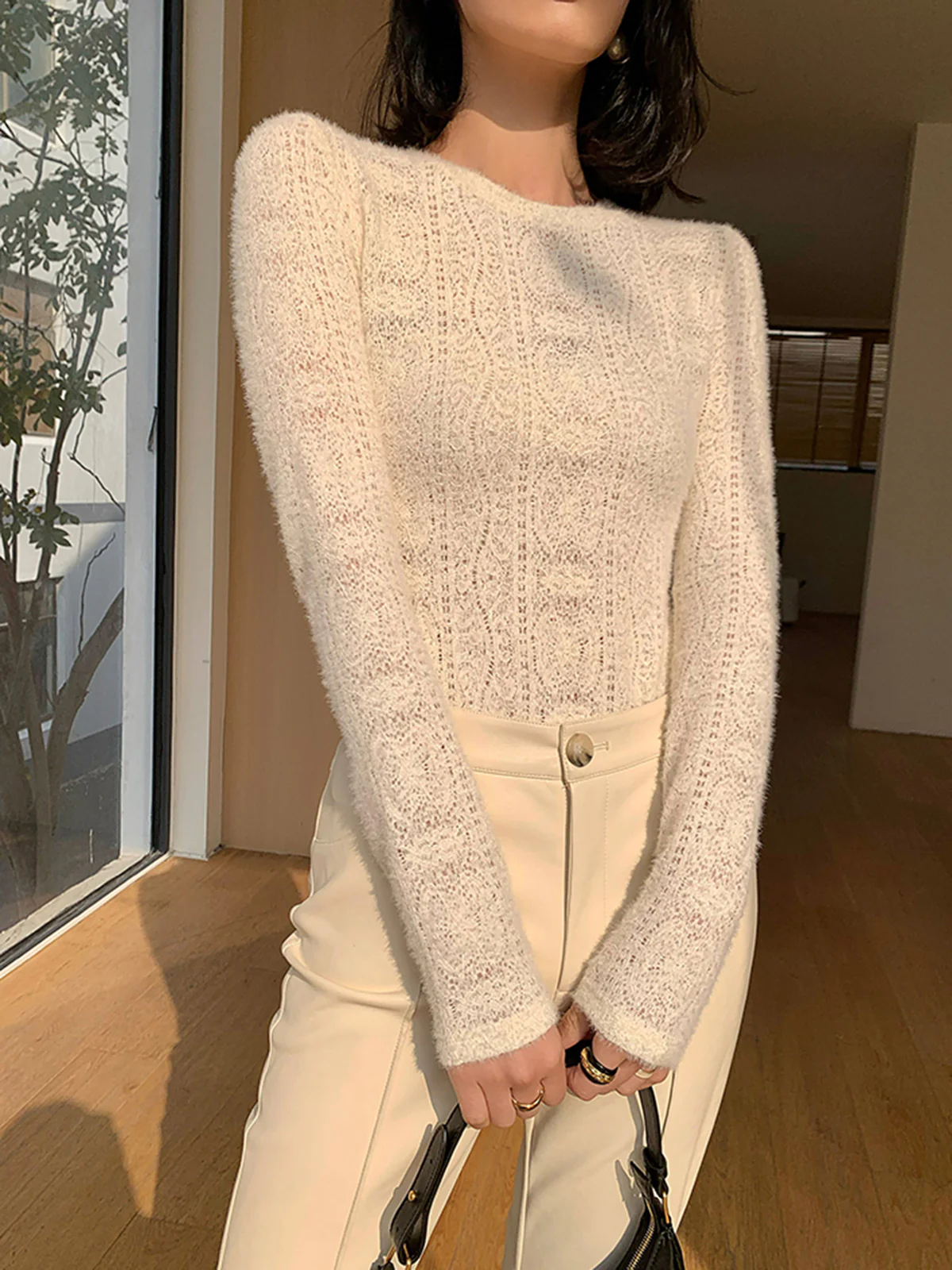 Floral Hollow Knit Crew Neck Long Sleeve Top - Image 5