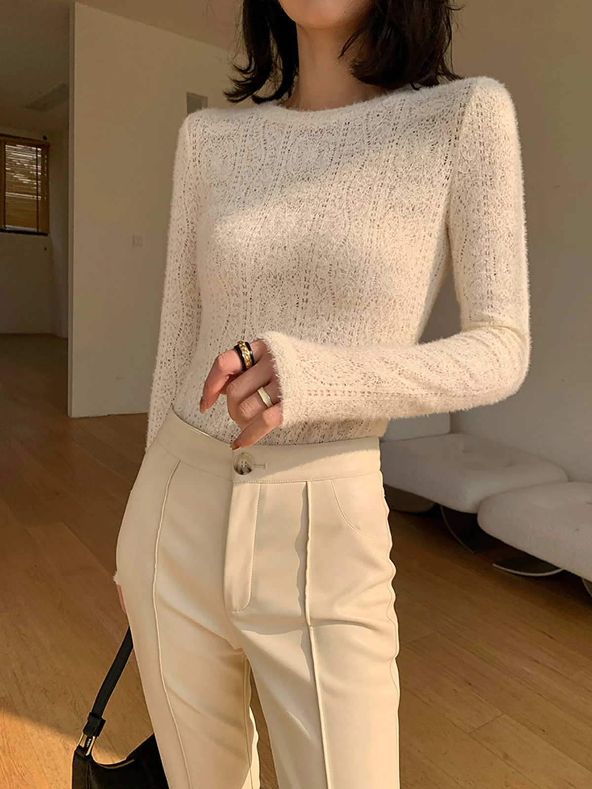 Floral Hollow Knit Crew Neck Long Sleeve Top - Image 6