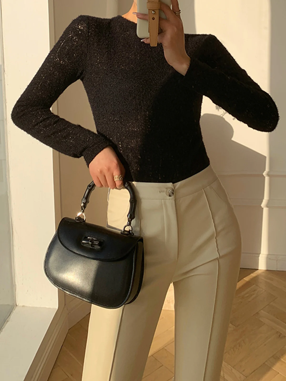 Floral Hollow Knit Crew Neck Long Sleeve Top - Image 7