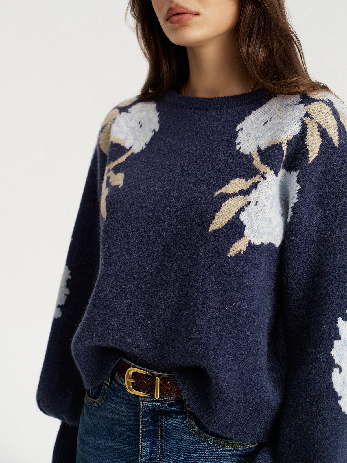 Floral Jacquard Balloon Sleeve Knit Top - Image 2