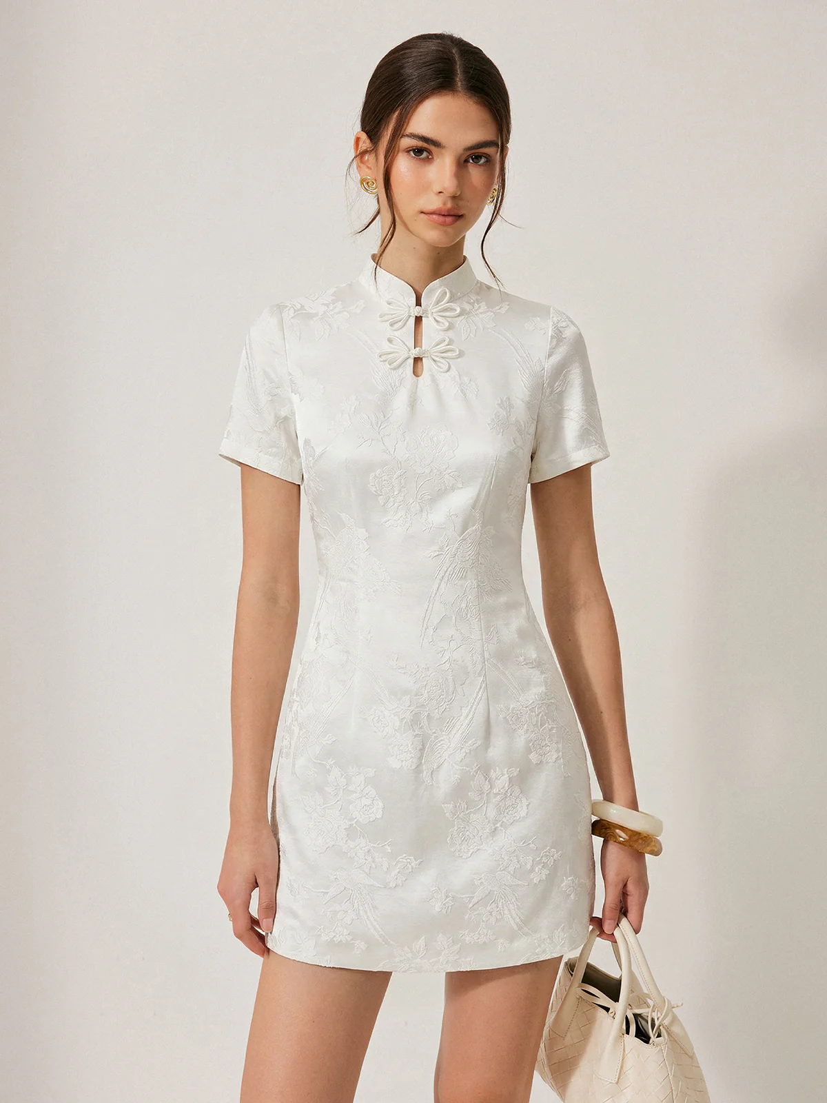 Floral Jacquard Cheongsam Mini Dress