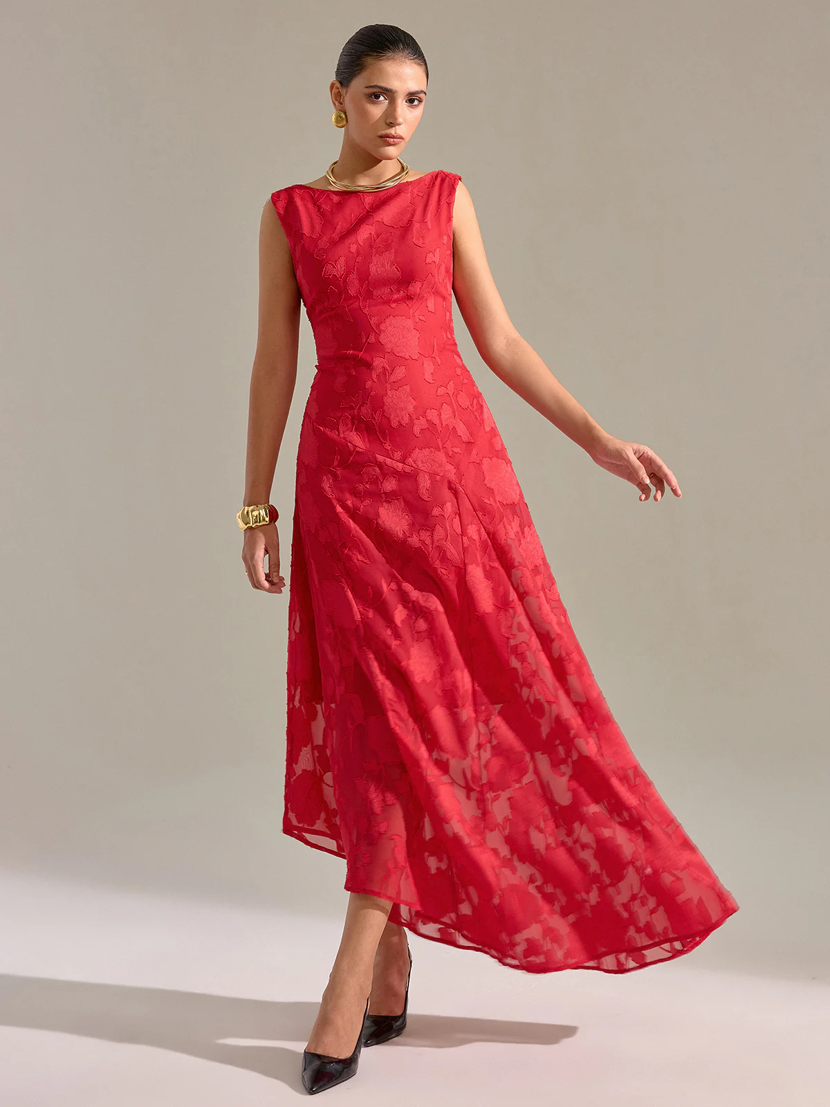 Floral Jacquard Sleeveless Maxi Dress - Image 4