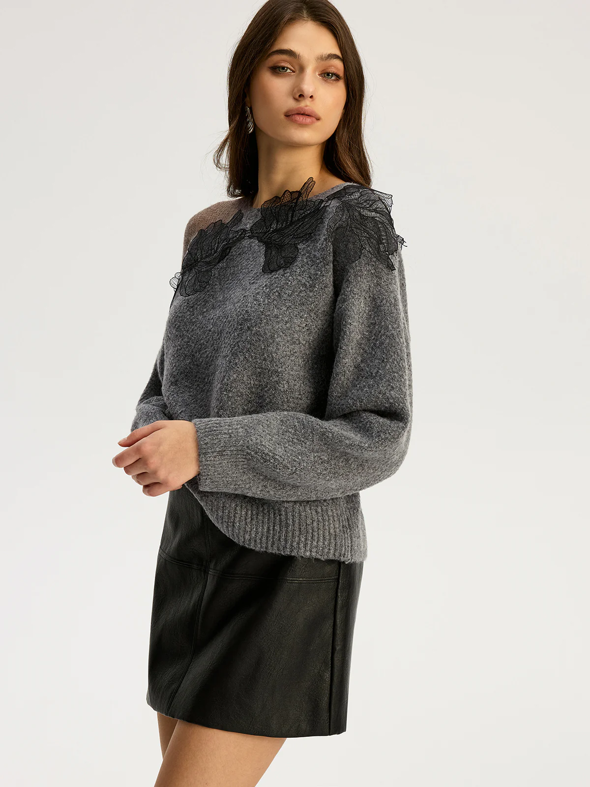 Floral lace Sweater Semi Sheer Round Neck Sweater - Image 5