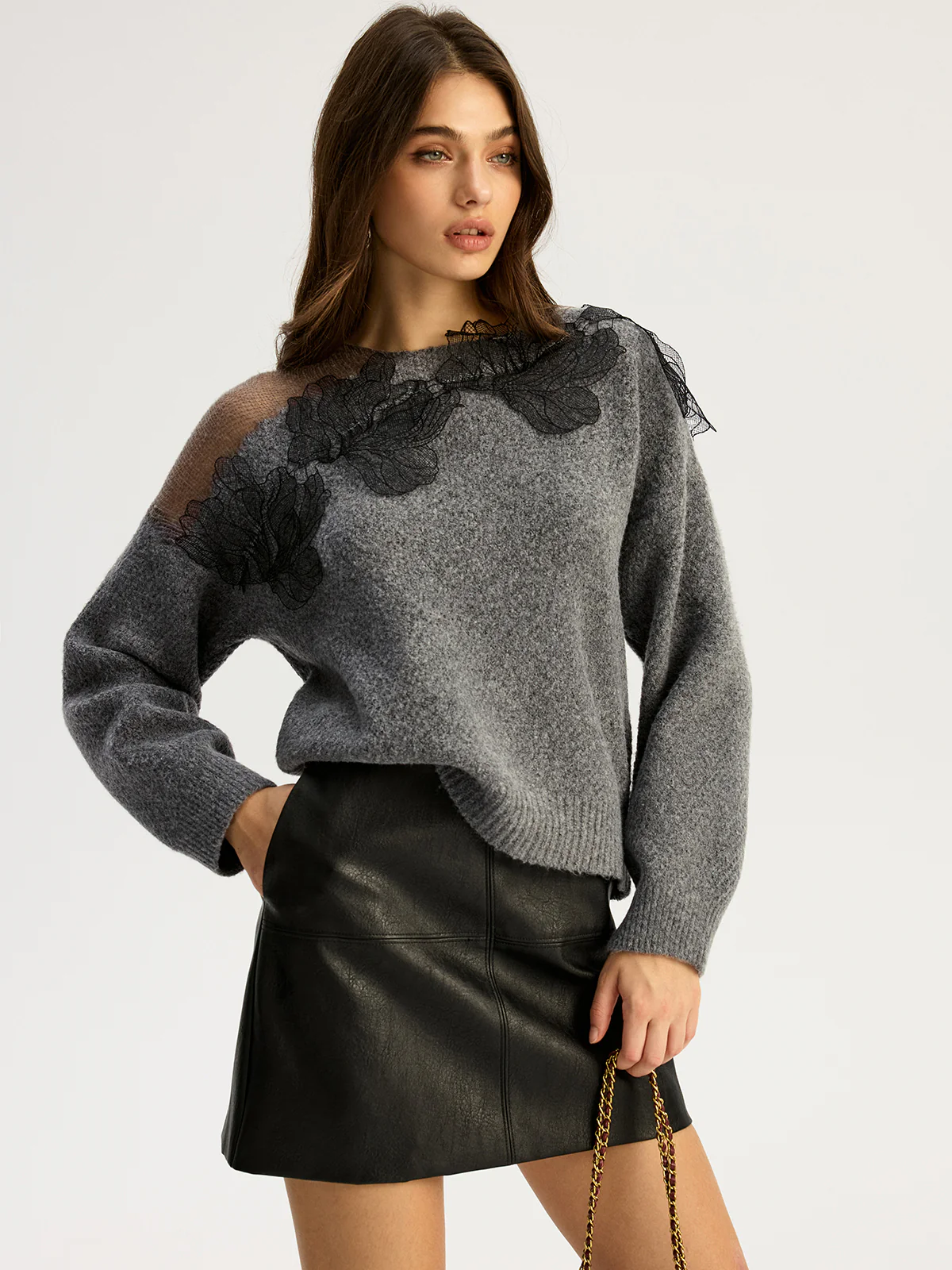 Floral lace Sweater Semi Sheer Round Neck Sweater - Image 6
