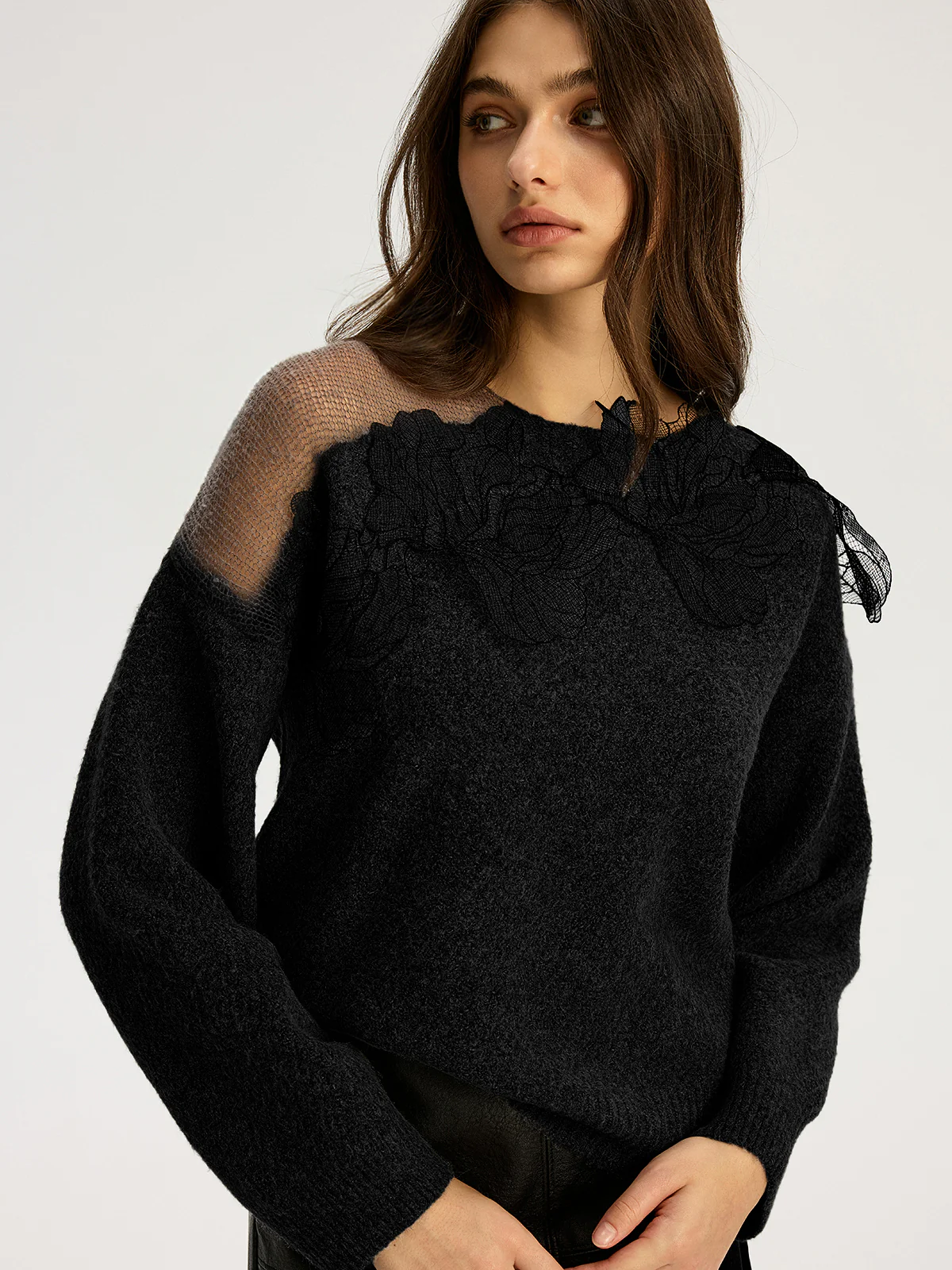 Floral lace Sweater Semi Sheer Round Neck Sweater - Image 7