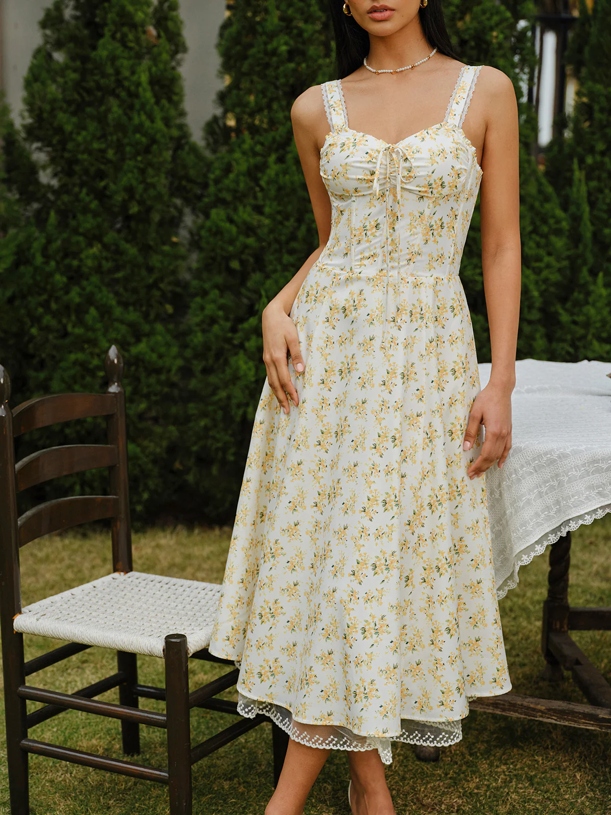 Floral Lace-Trim Tie-Front Dress - Image 4