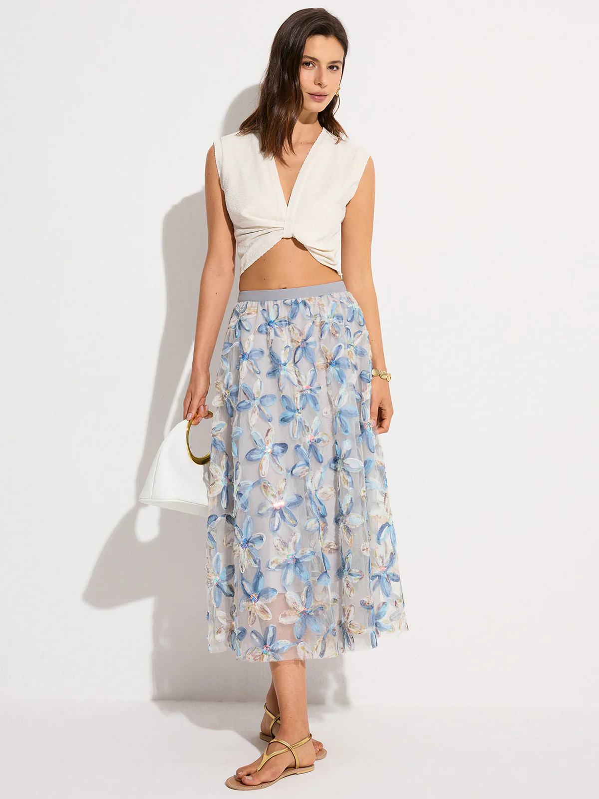 Semi-Sheer Floral Embroidered Mesh Midi Skirt - Image 2