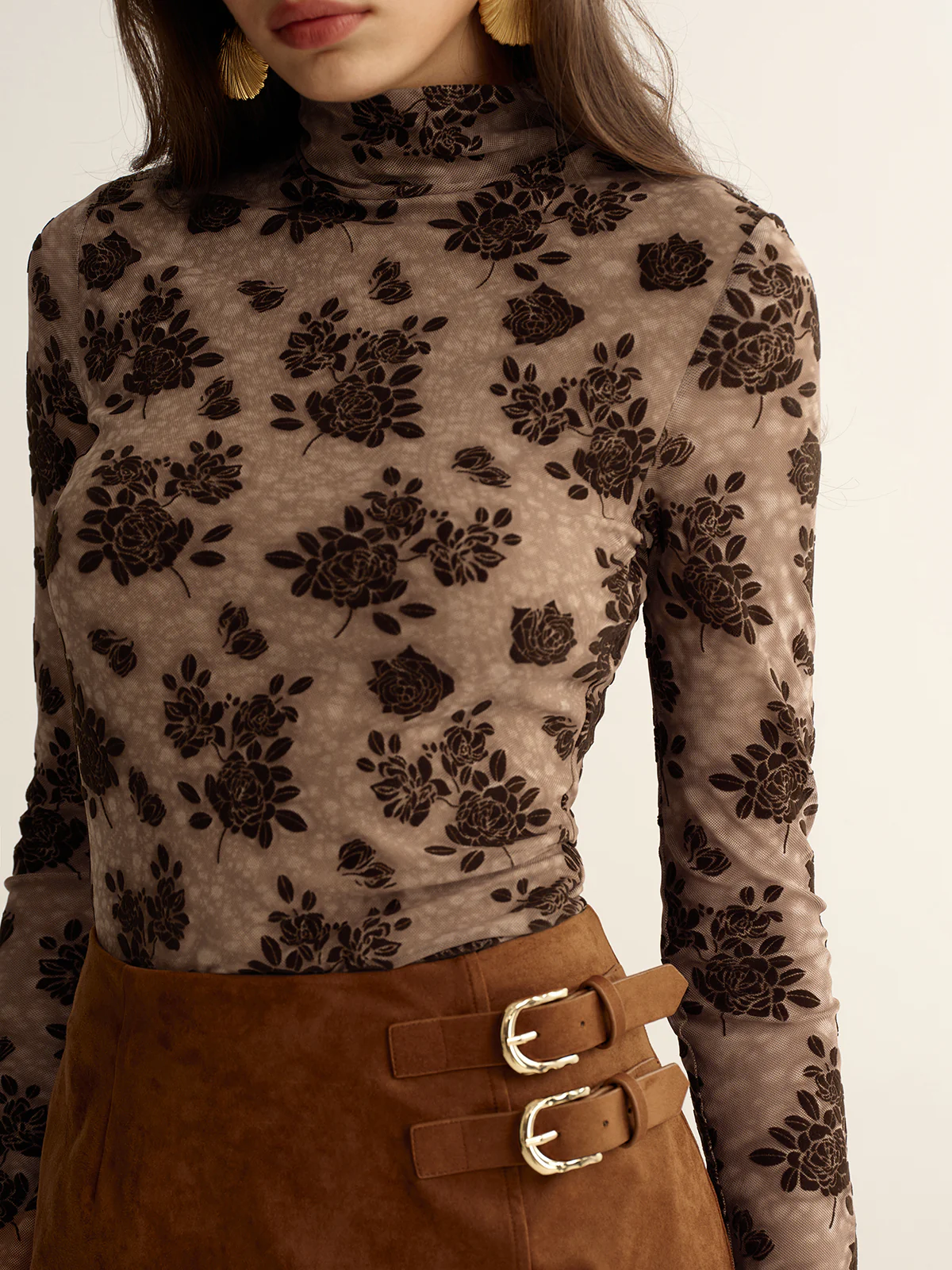 Floral Mesh Mock Neck Long Sleeve Top - Image 5
