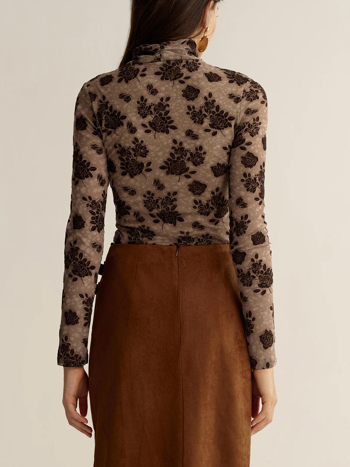Floral Mesh Mock Neck Long Sleeve Top - Image 6