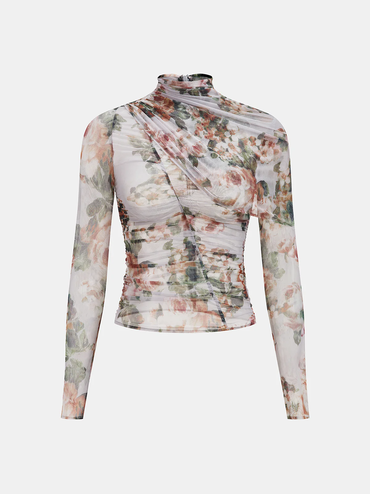 Floral Mesh Ruched High Neck Blouse