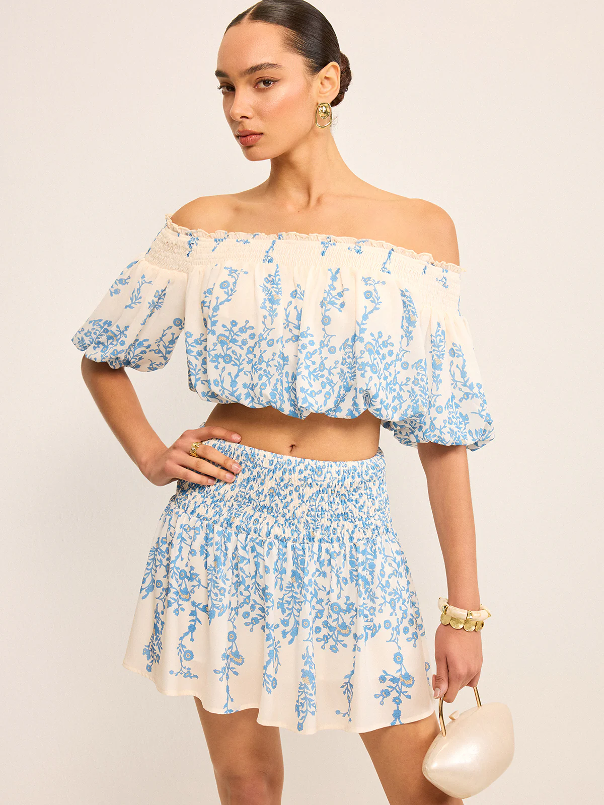 Floral Off-Shoulder Crop Top and Cinching Skirt Set - Image 4