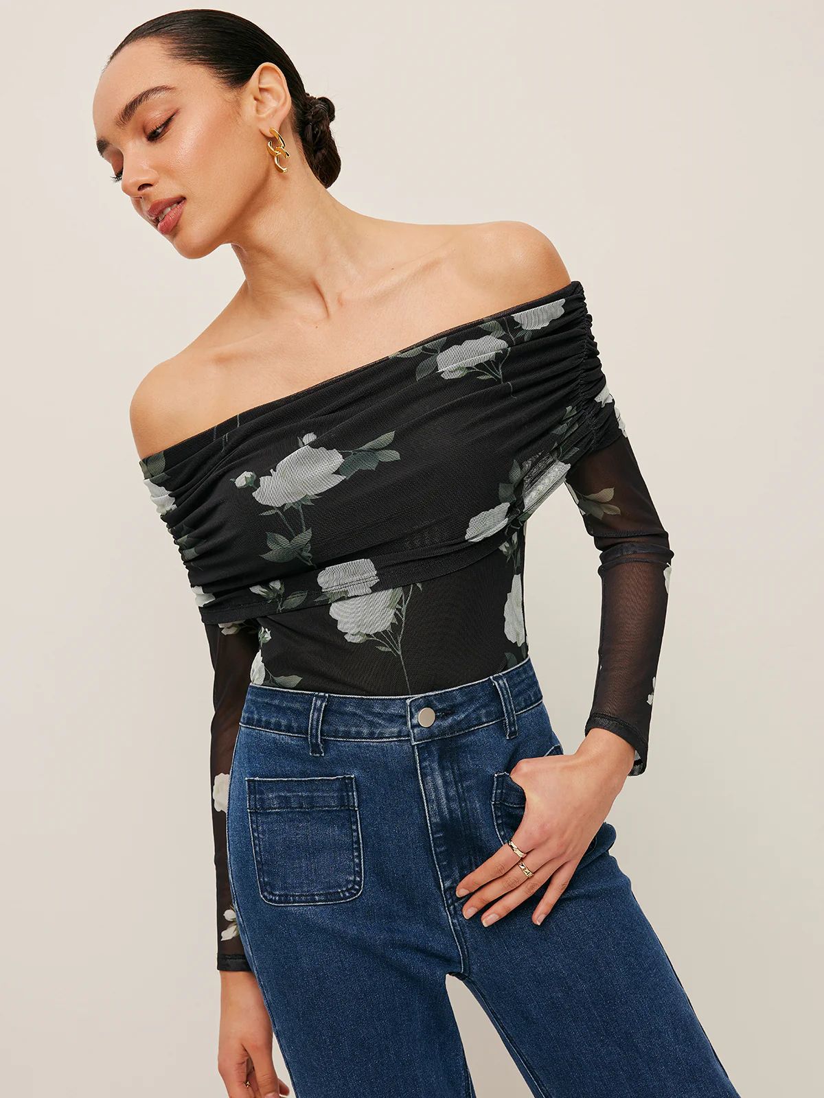 Semi-Sheer Floral Off-Shoulder Mesh Sleeve Top - Image 4