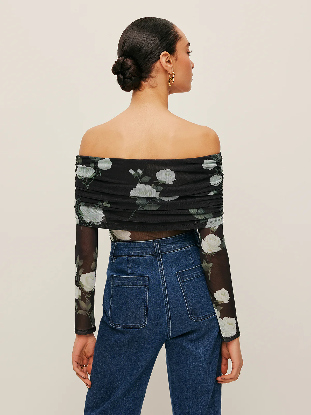 Semi-Sheer Floral Off-Shoulder Mesh Sleeve Top - Image 6