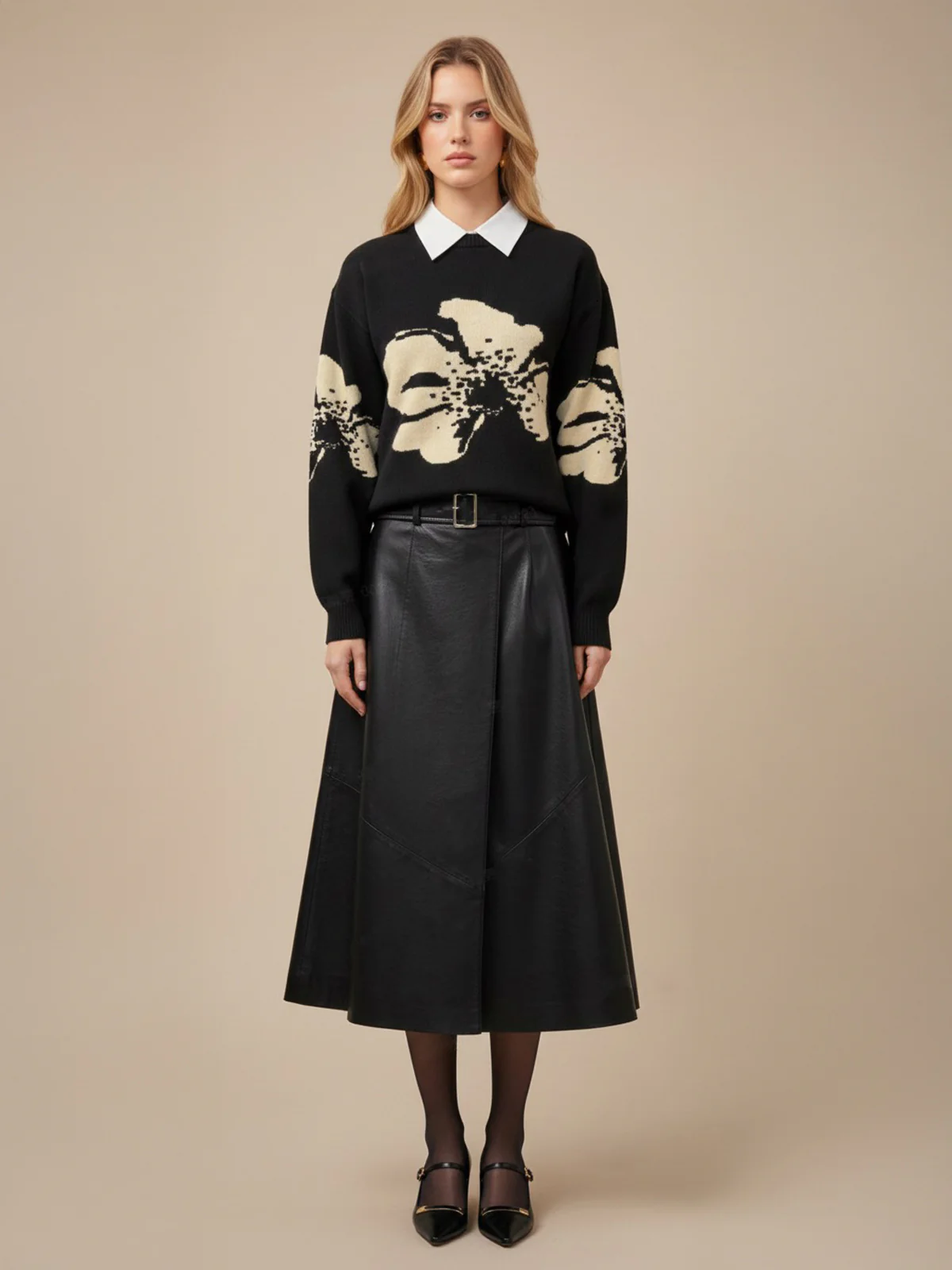 Floral Pattern Crew Neck Knit Sweater
