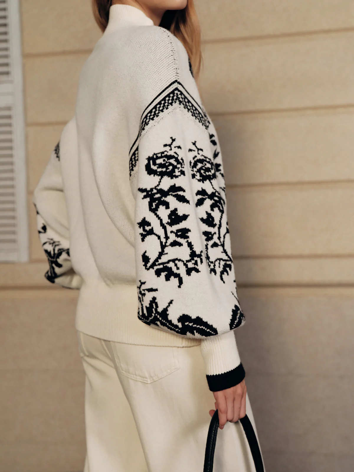 Floral Pattern Mock Neck Balloon Sleeve Sweater - Image 2
