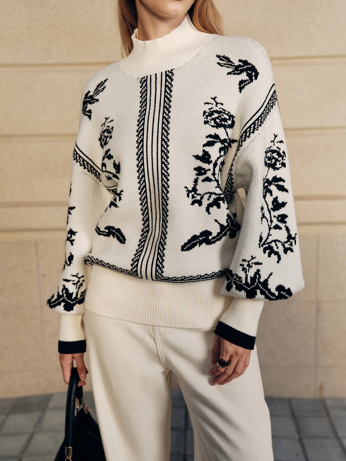 Floral Pattern Mock Neck Balloon Sleeve Sweater - Image 4