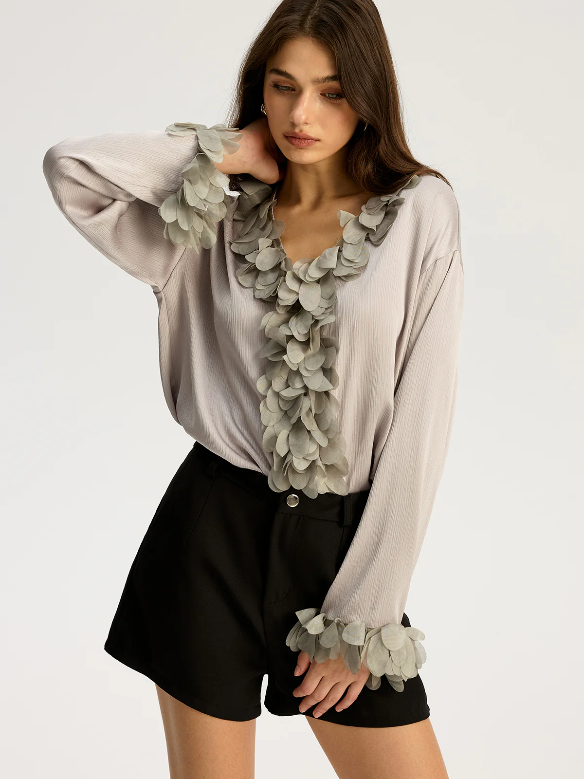 Floral Petal Trim V-Neck Shirt - Image 2