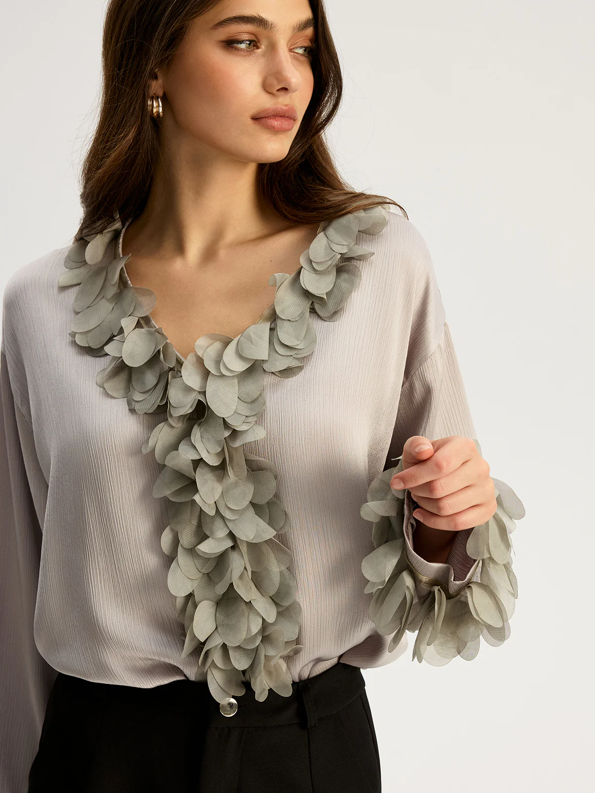Floral Petal Trim V-Neck Shirt - Image 3