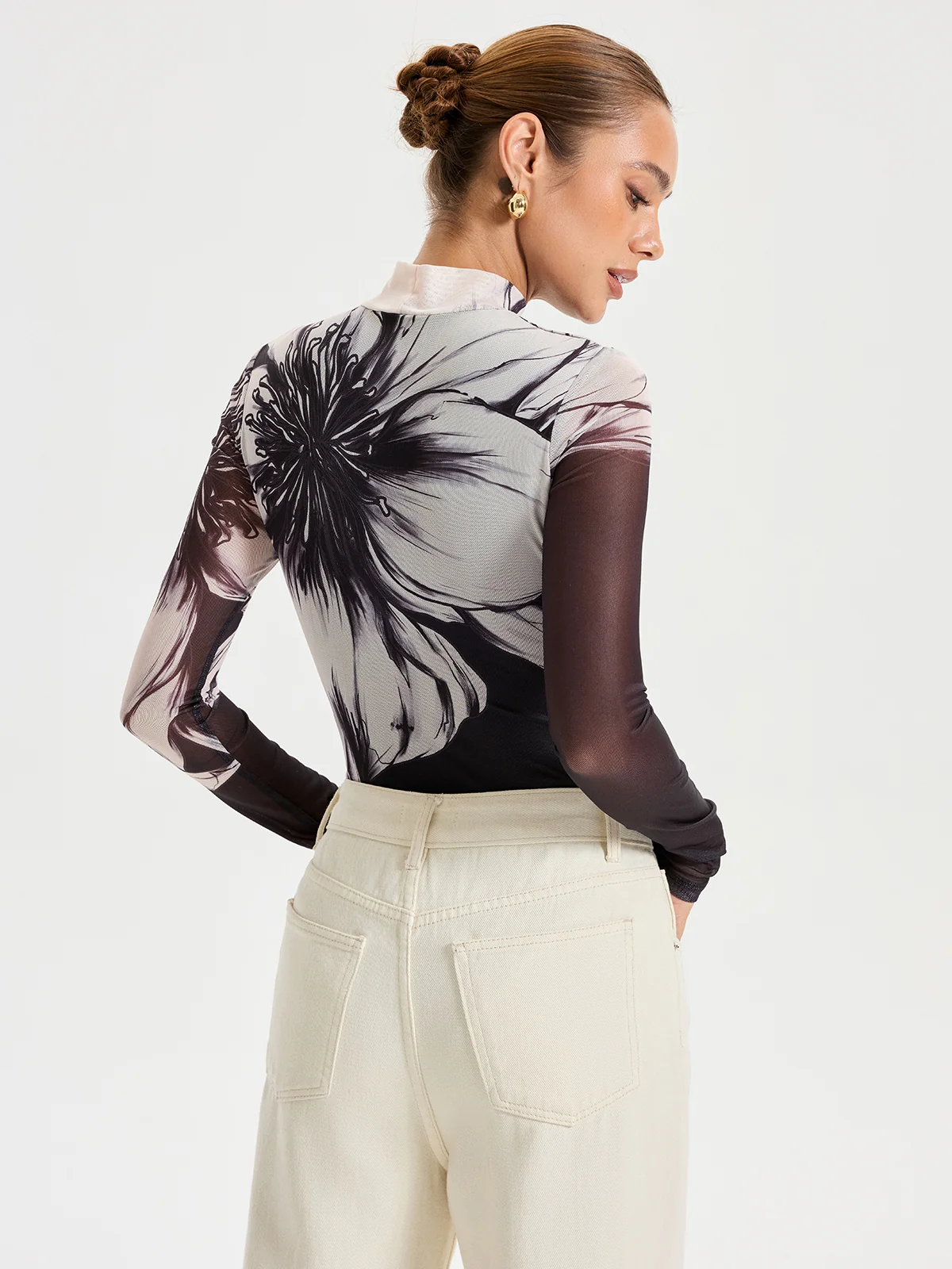 Floral Placement Print Mesh Bodysuit - Image 6